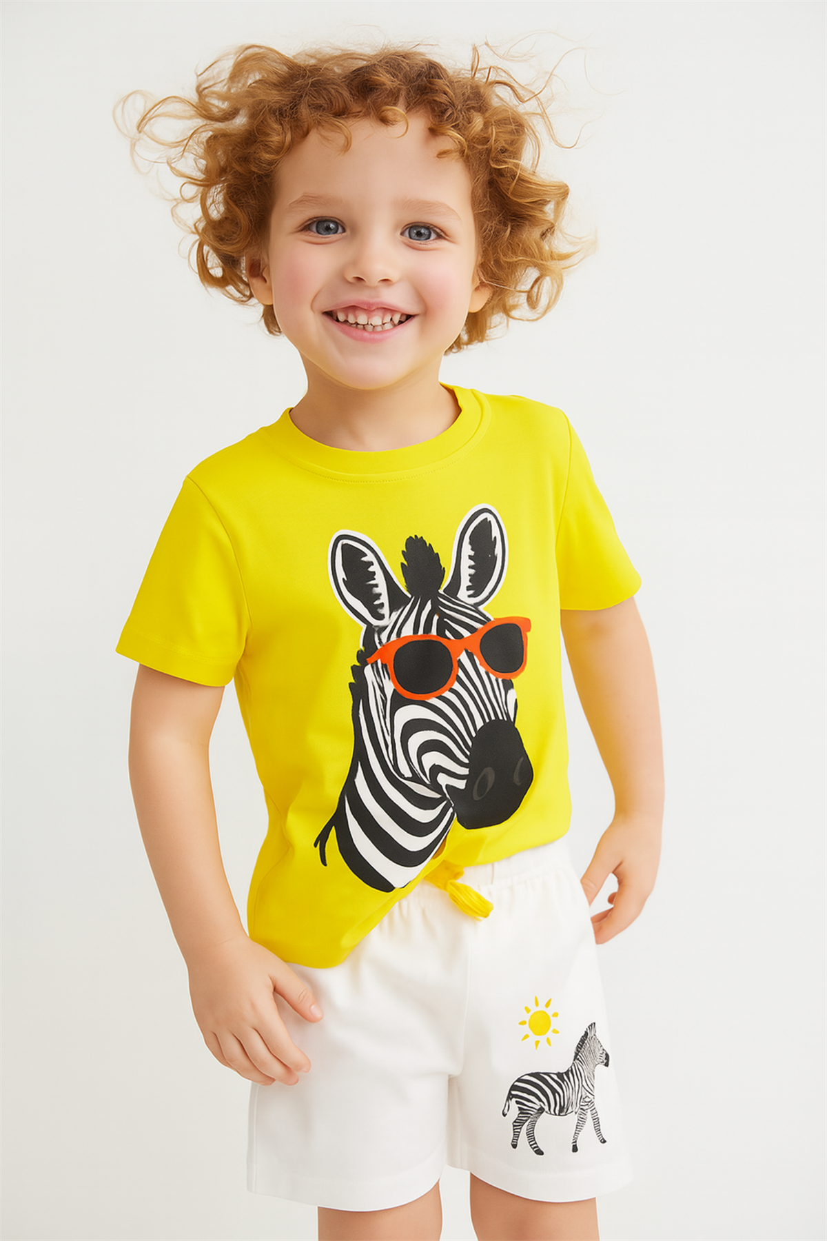 Boys Zebra Pattern Pajama Set with Shorts Yellow