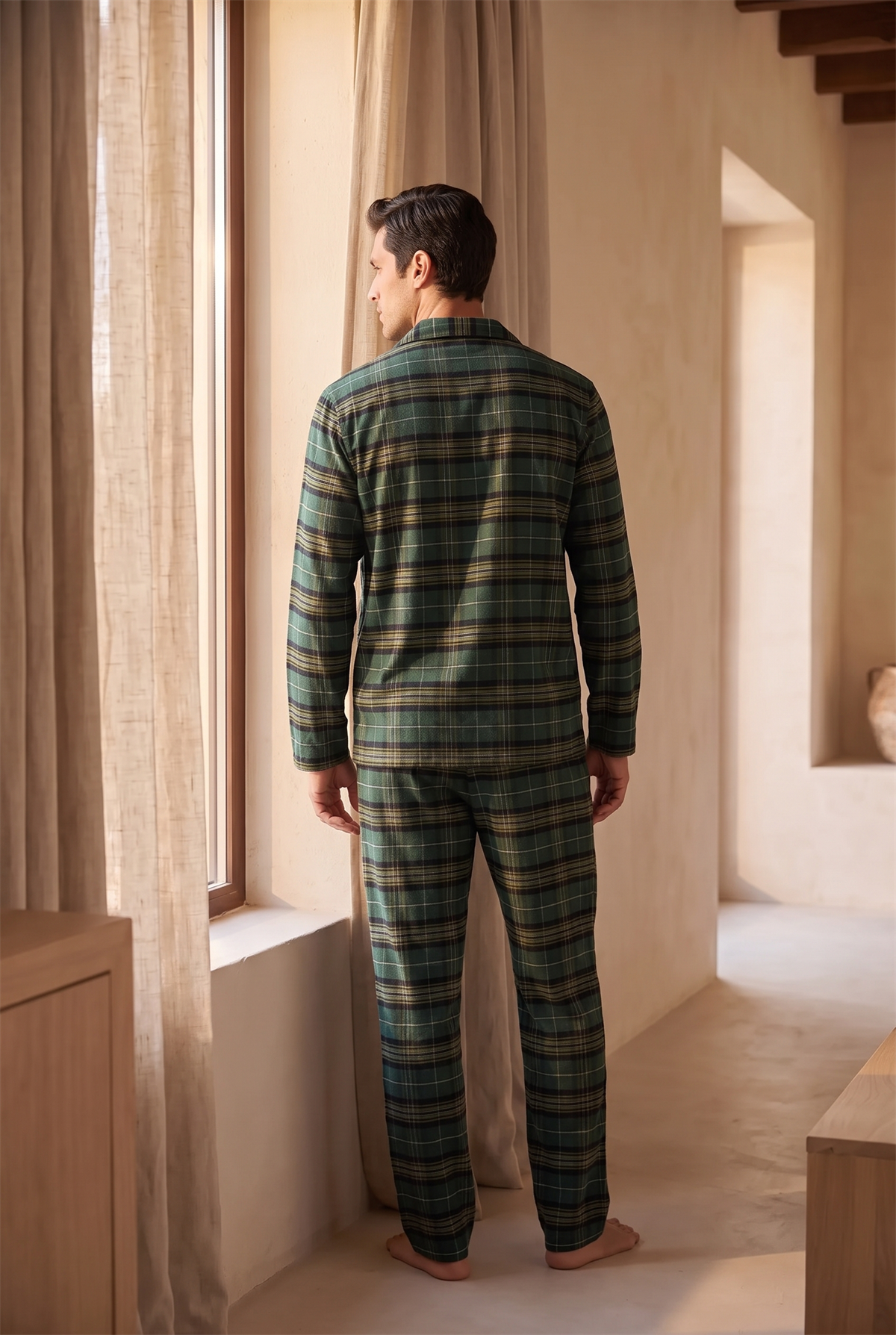 Erkek Dear Santa Ekoseli Kaplumbağa Nakışlı Pijama Takımı Yeşil