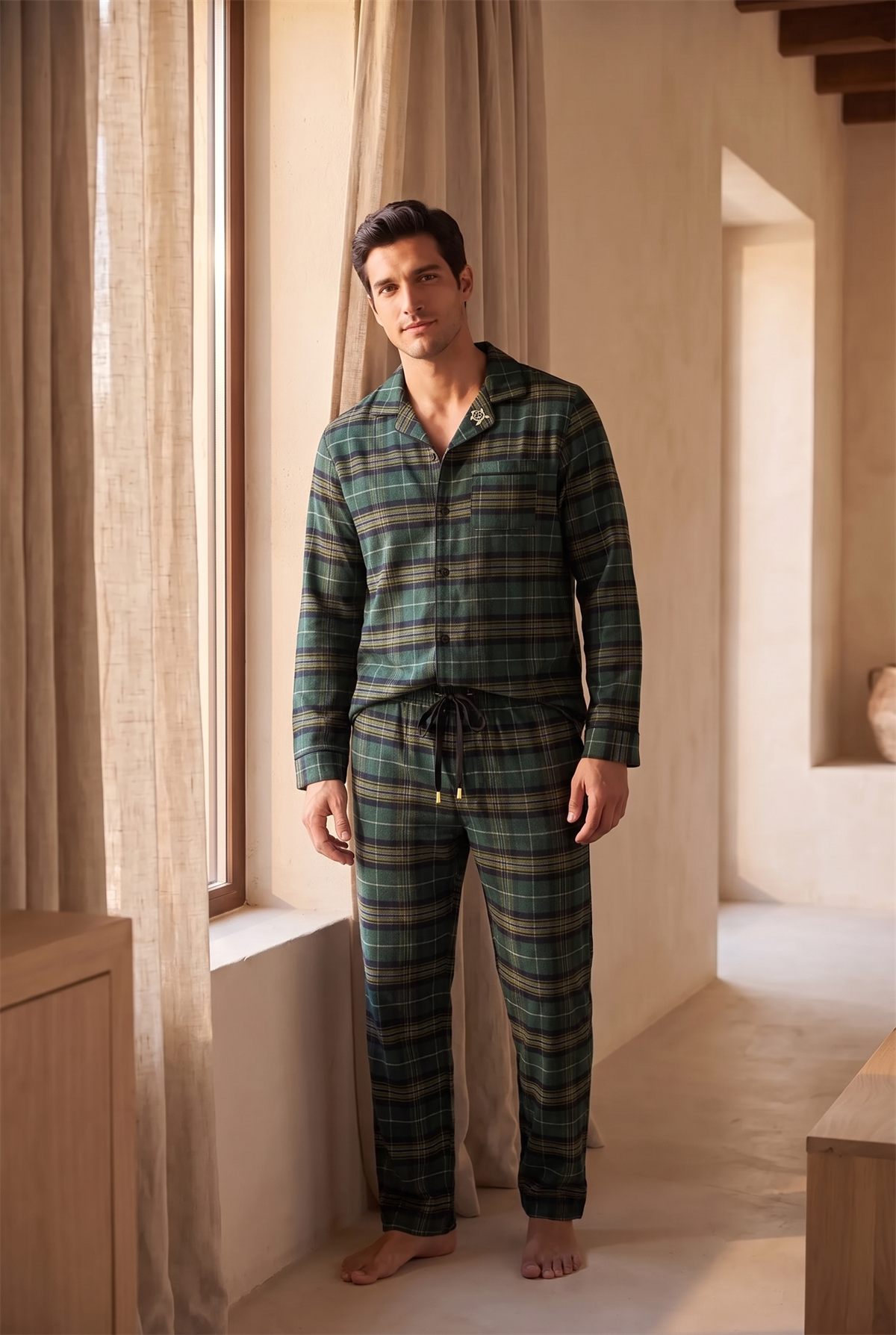 Erkek Dear Santa Ekoseli Kaplumbağa Nakışlı Pijama Takımı Yeşil