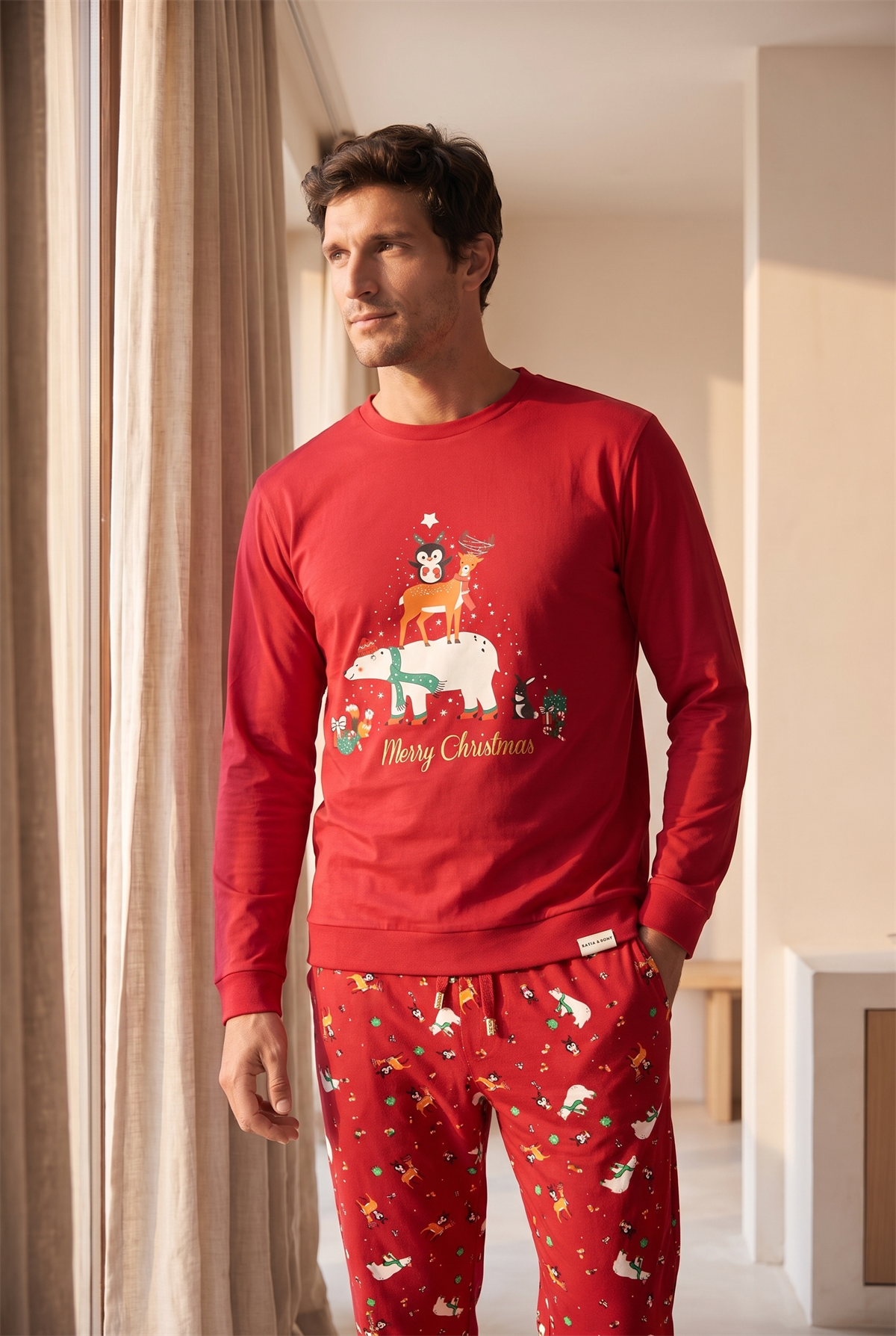 22612M4009 DEAR SANTA GEYİKLİ ERKEK PİJAMA TAKIM Kırmızı