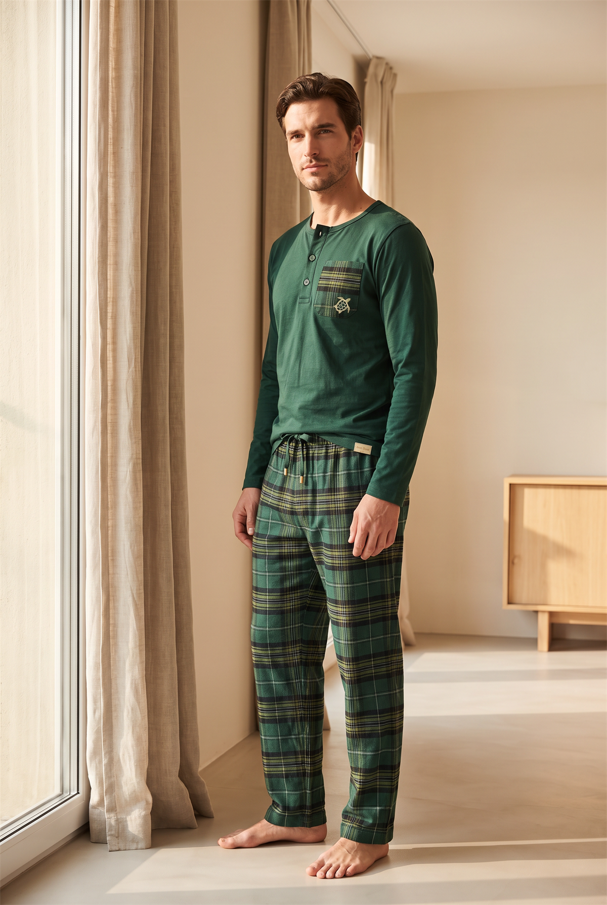 Erkek Dear Santa Kaplumbağa Nakışlı Ekoseli Pijama Takımı Yeşil
