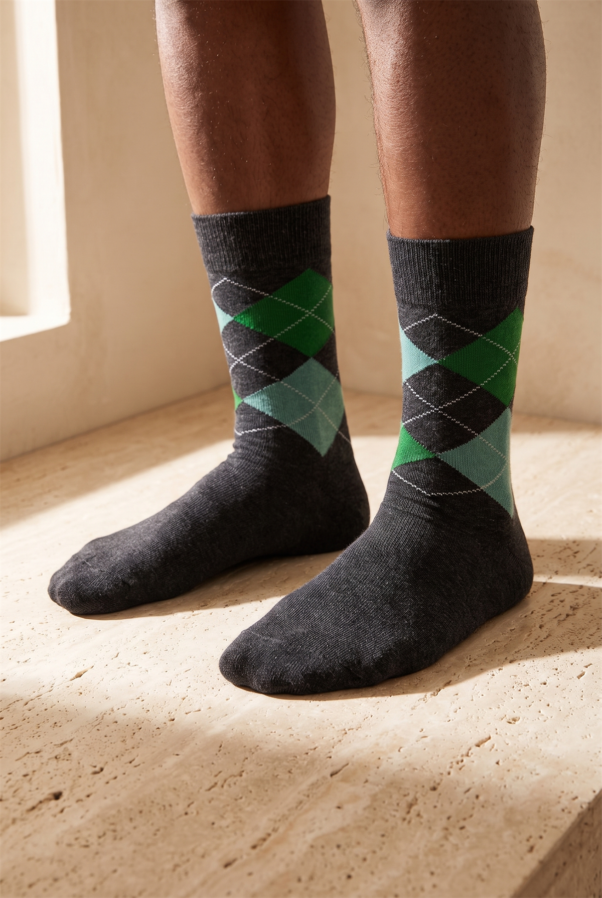 Mens Checkered Pattern Sock Gray Melange - Green