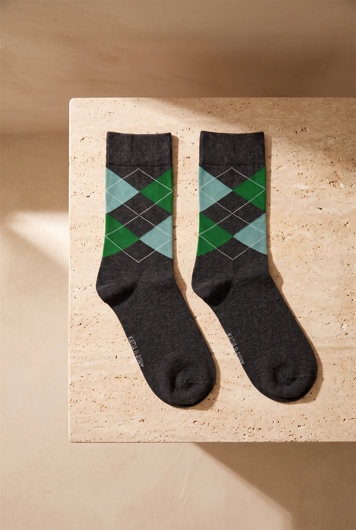 Mens Checkered Pattern Sock Gray Melange - Green