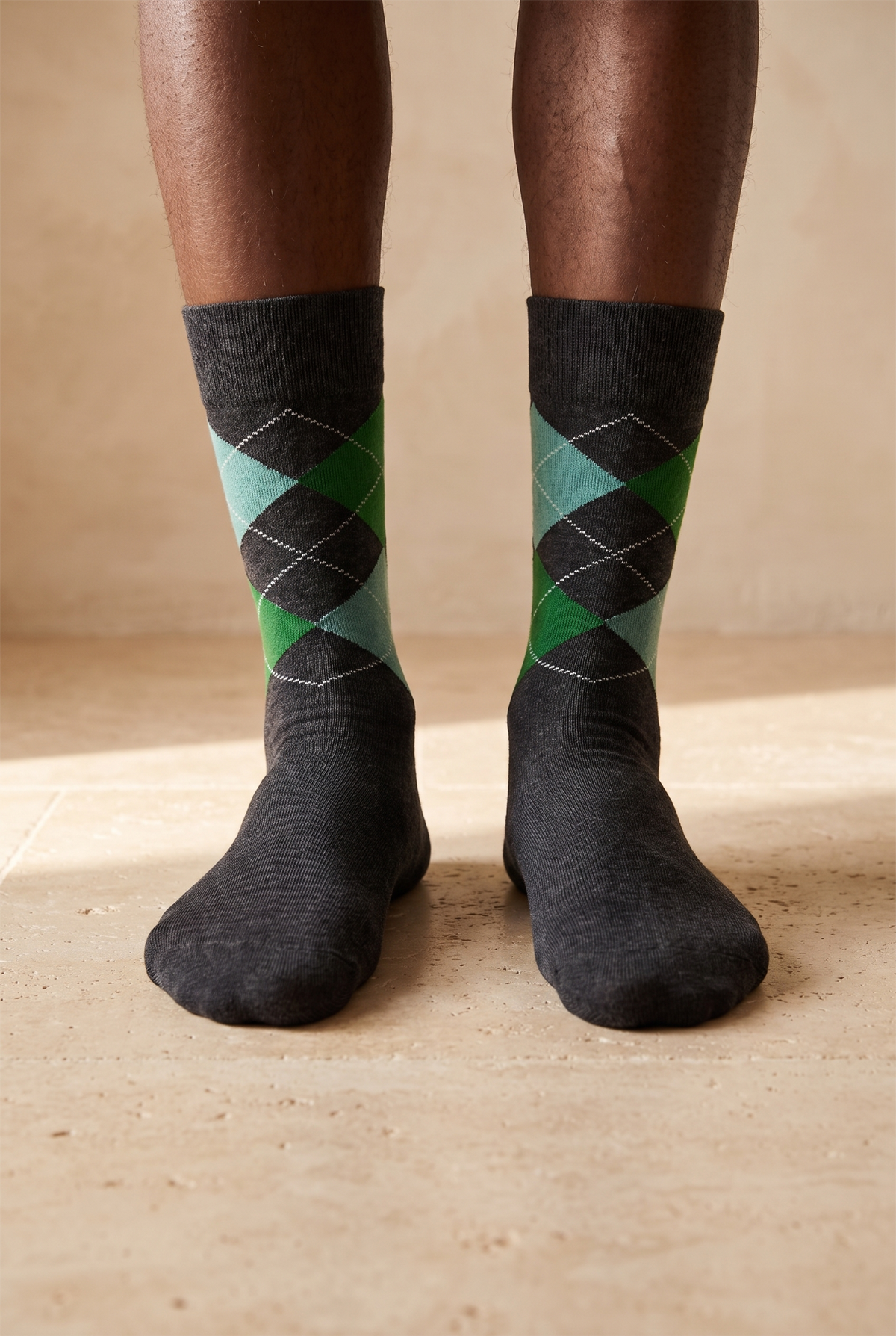 Mens Checkered Pattern Sock Gray Melange - Green