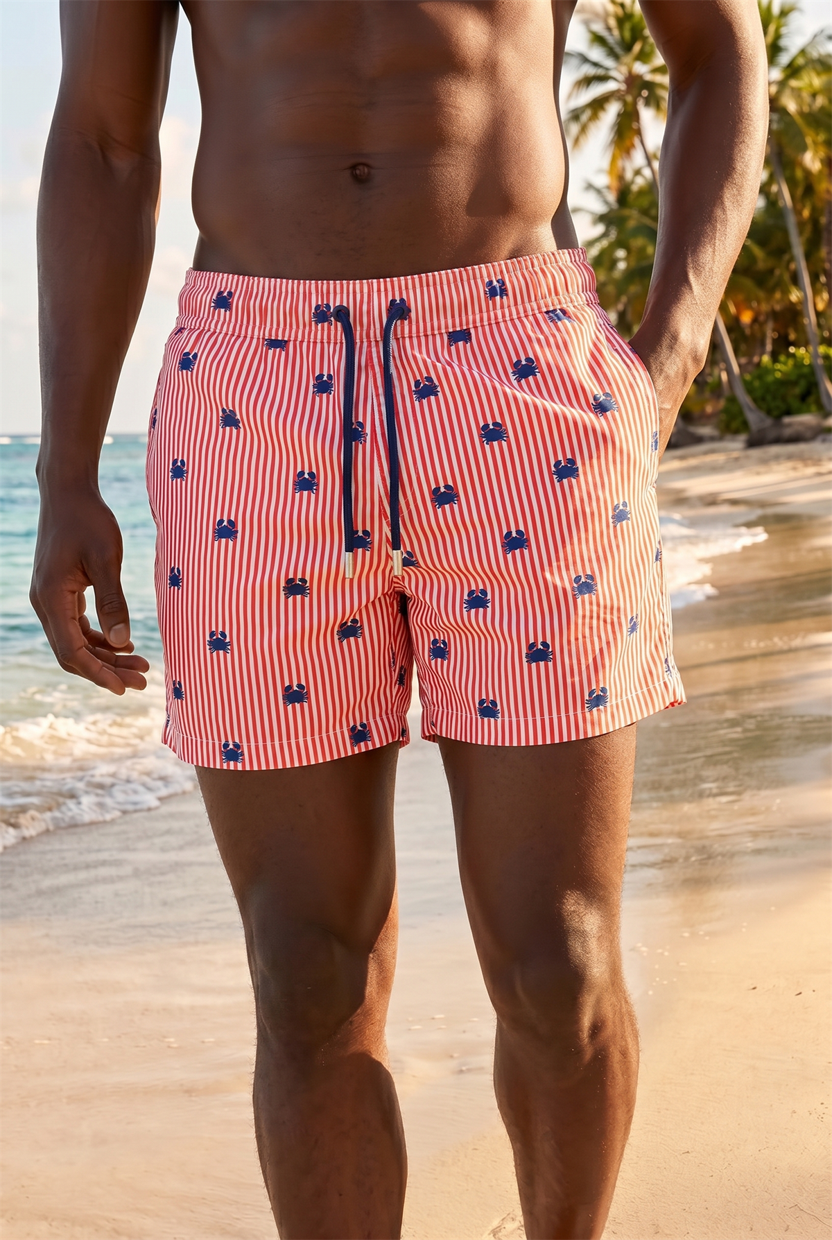 Mens Frill Wave Crab Pattern Swim Shorts Coral