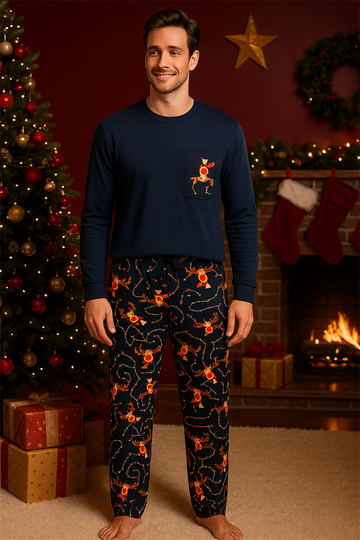 Erkek Geyik Desenli Kutulu Yılbaşı Pijama Takımı Lacivert