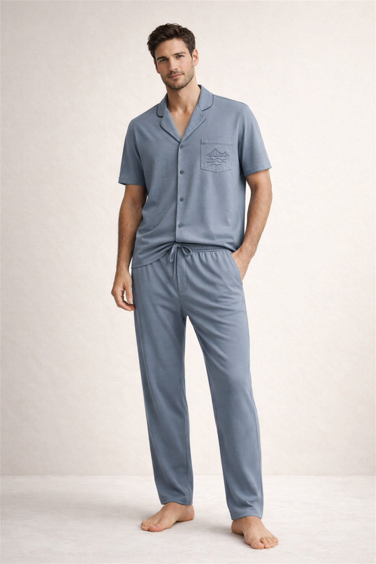 Erkek İstanbul Serisi Boğaz Köprüsü Desenli Premium Kutulu Pijama Takımı Mavi