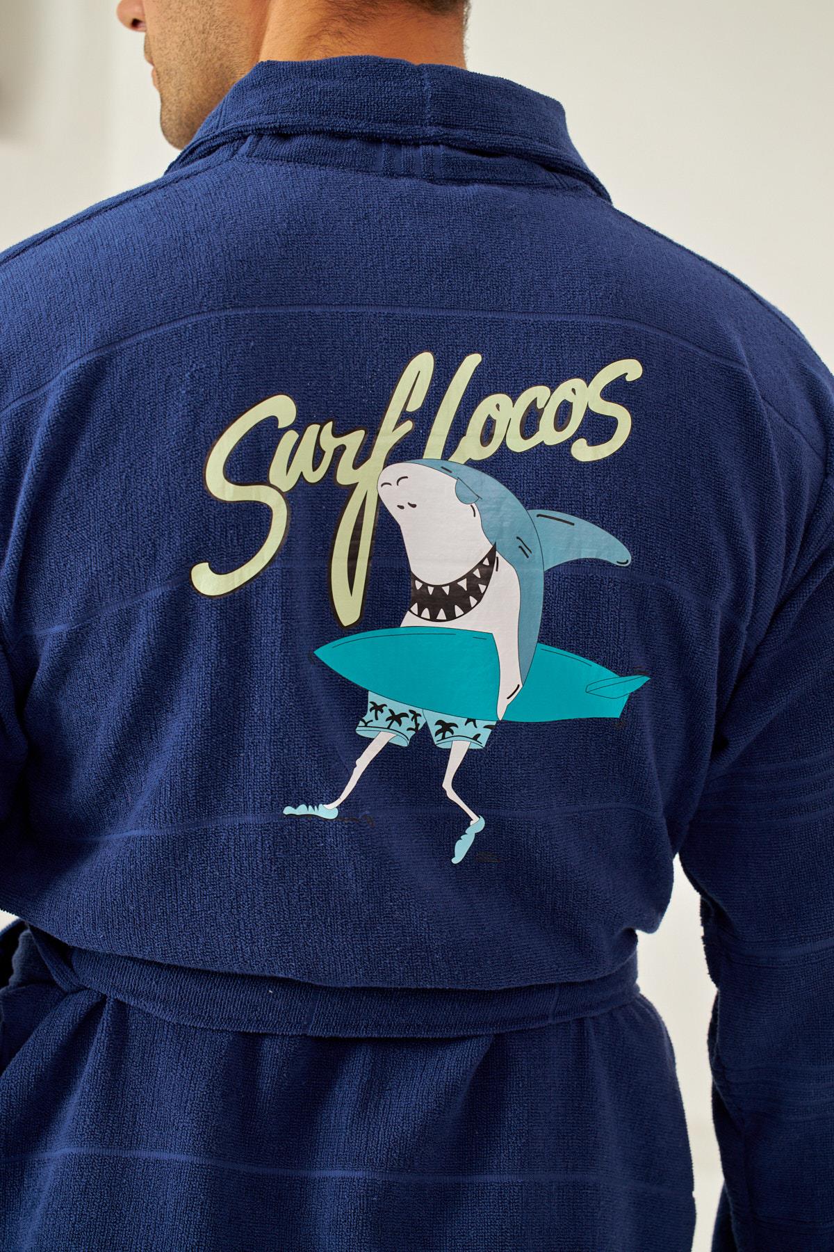 Erkek Lacivert Renkli Köpekbalığı Baskılı Havlu Bornoz