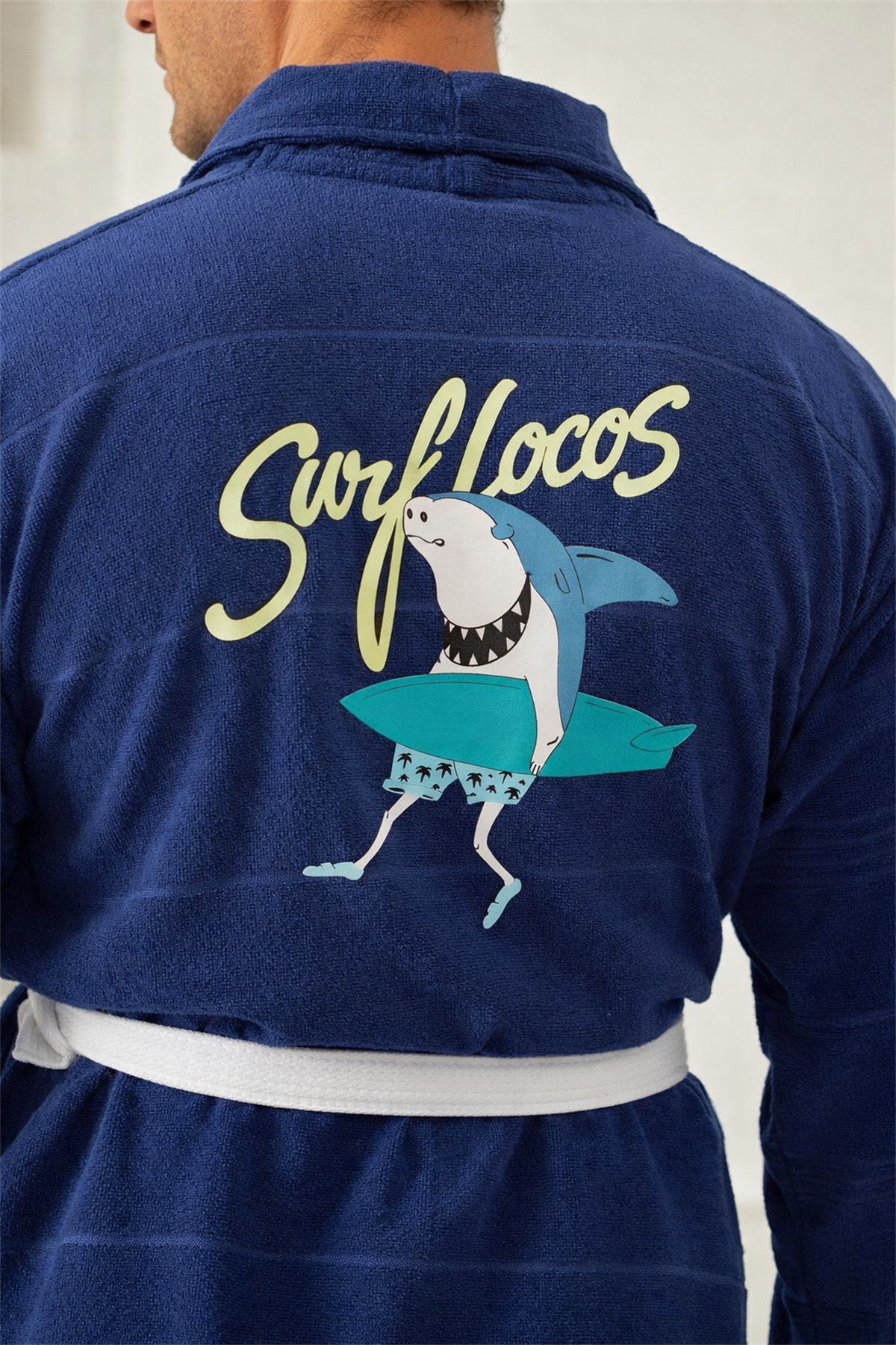 Erkek Lacivert Renkli Köpekbalığı Baskılı Havlu Bornoz