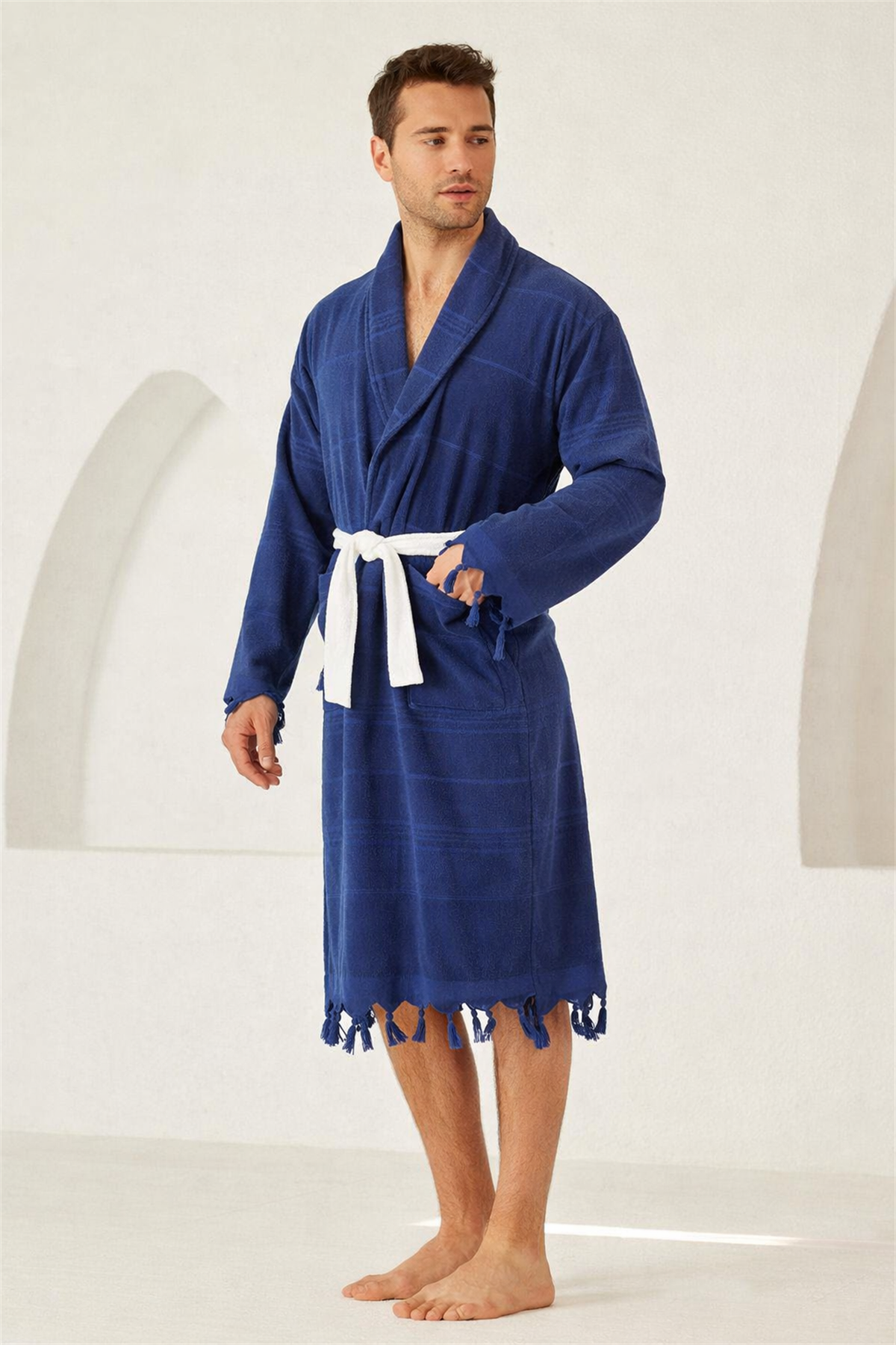 Erkek Lacivert Renkli Köpekbalığı Baskılı Havlu Bornoz