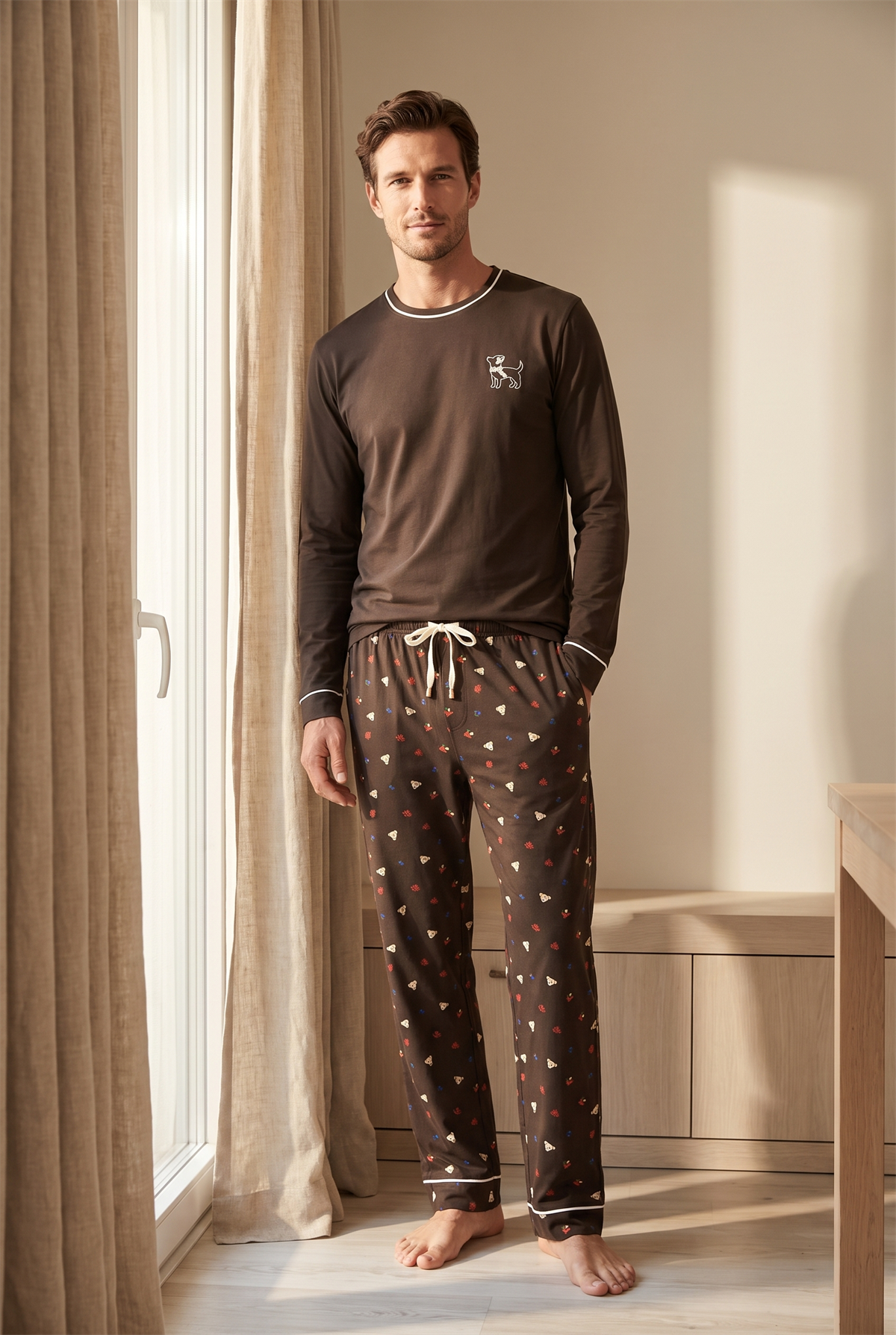 Erkek Lovely Winter Köpek Nakışlı Pijama Takımı Koyu Kahve