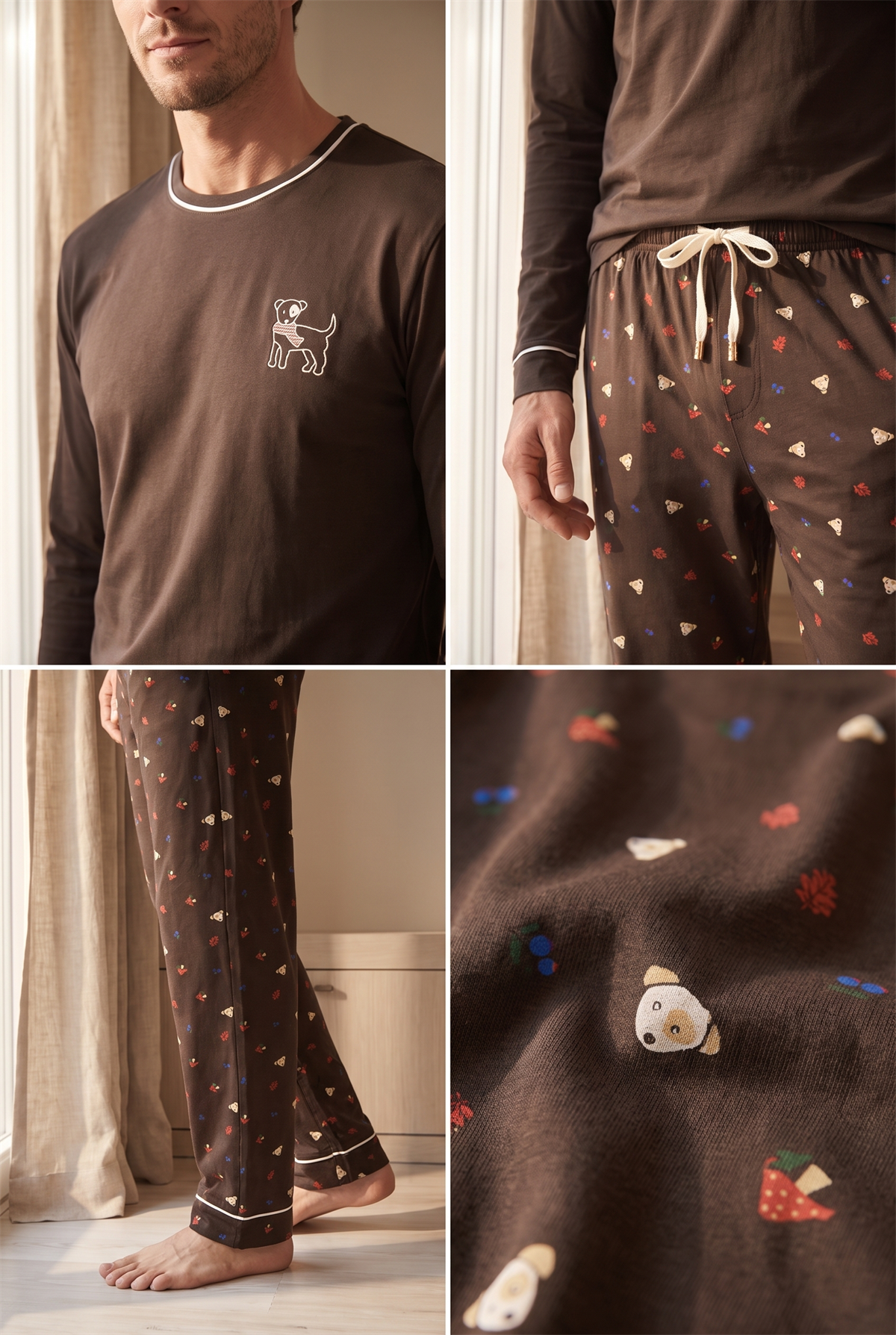Erkek Lovely Winter Köpek Nakışlı Pijama Takımı Koyu Kahve