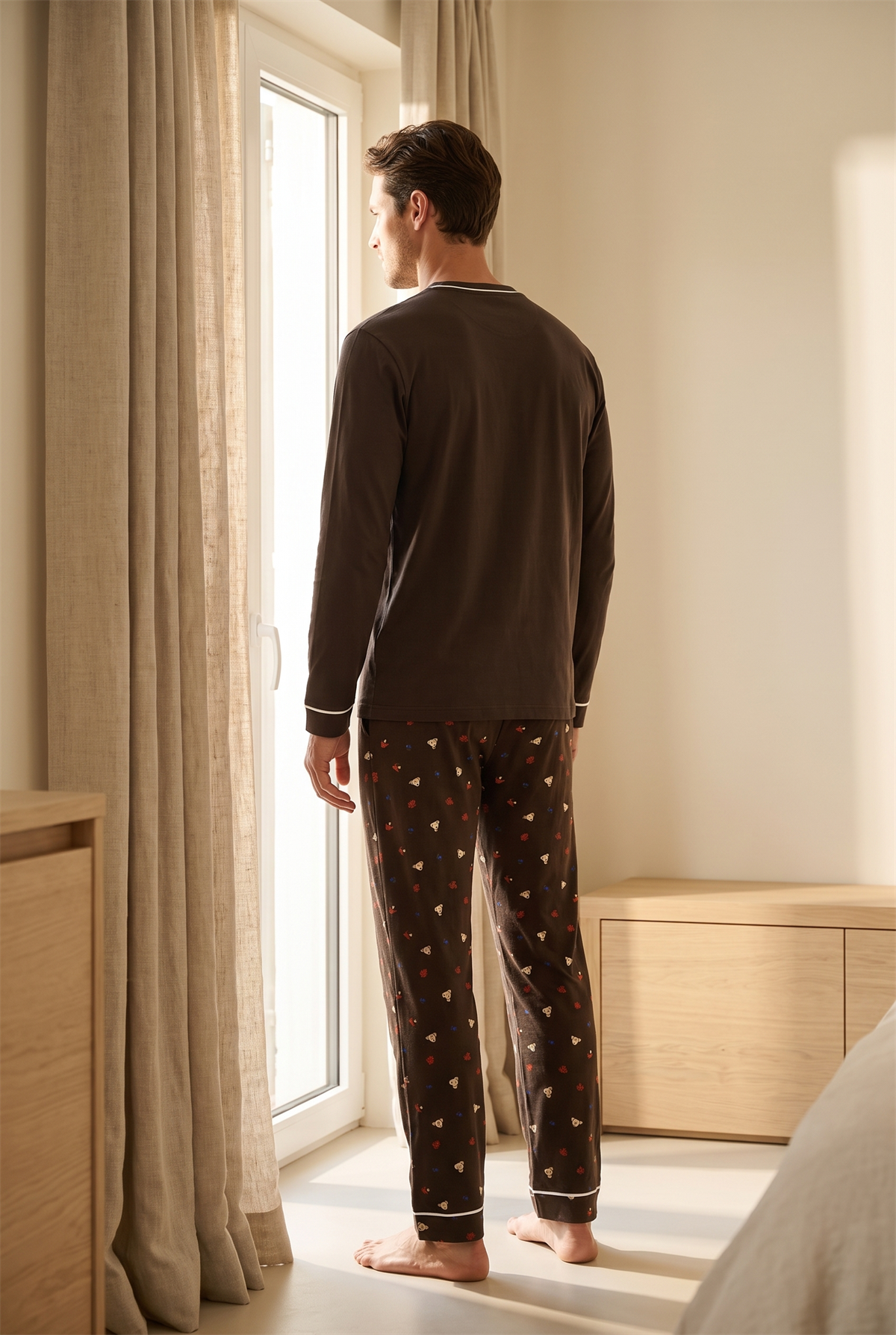 Erkek Lovely Winter Köpek Nakışlı Pijama Takımı Koyu Kahve