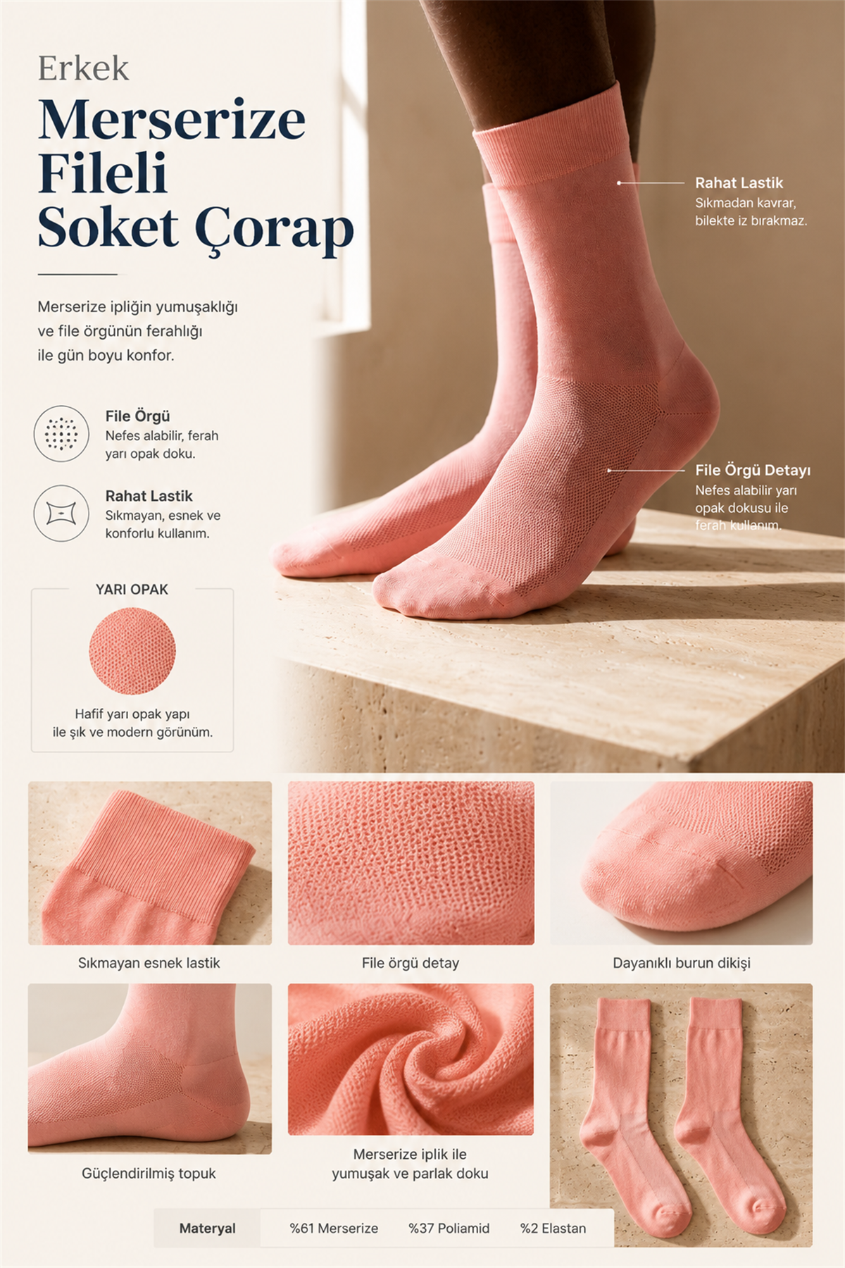 Erkek Merserize Fileli Soket Çorap Pembe Melanj