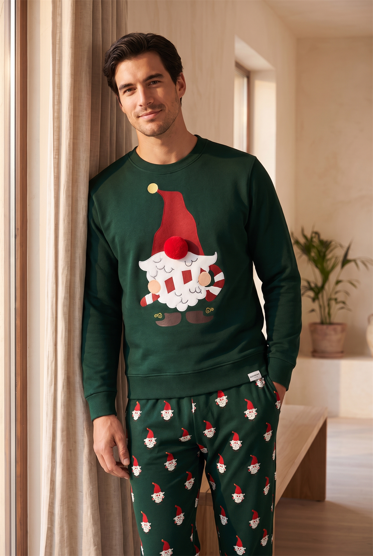 Erkek Santa Claus Yılbaşı Temalı Sweatshirt Pijama Üstü Yeşil