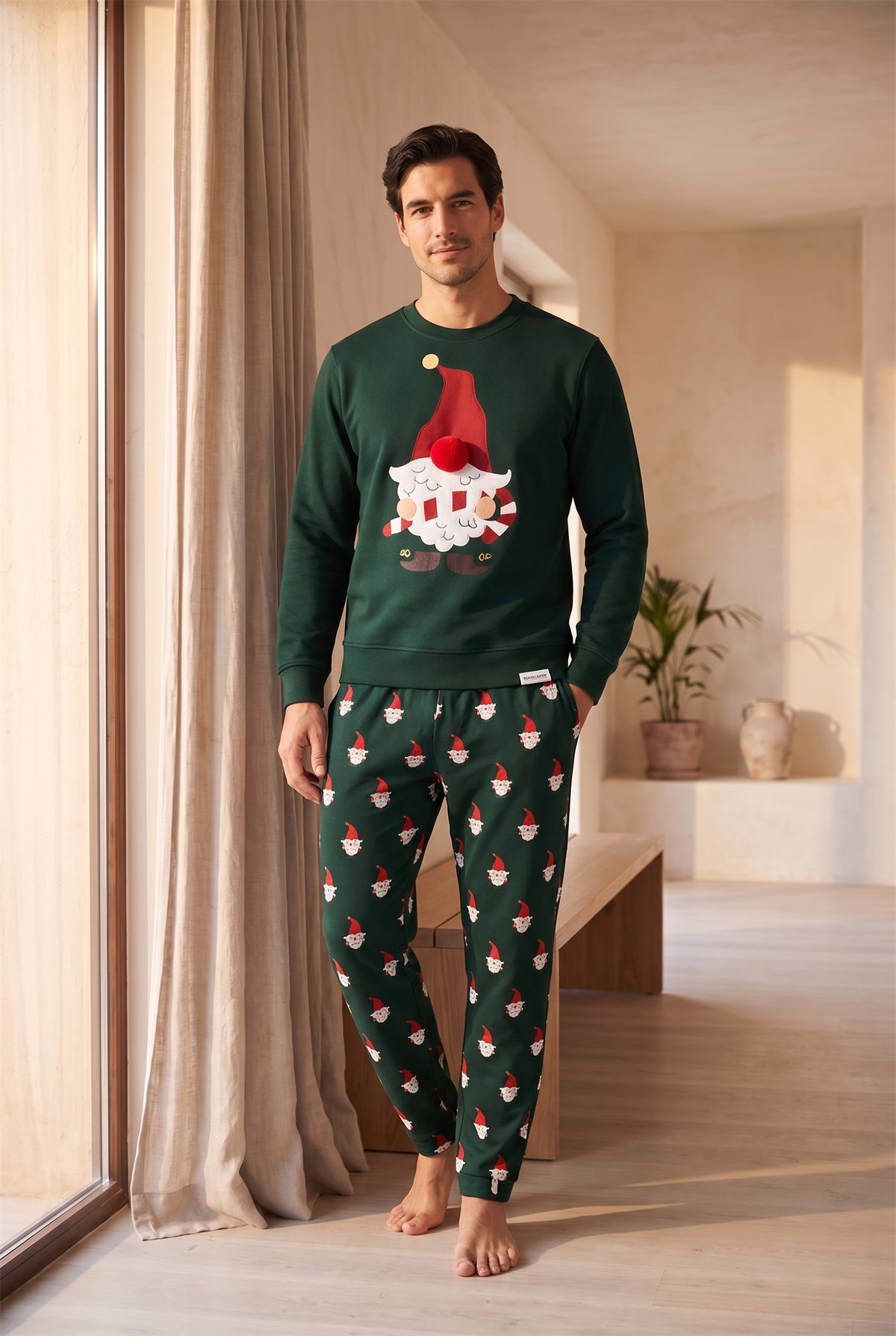 Erkek Santa Claus Yılbaşı Temalı Sweatshirt Pijama Üstü Yeşil