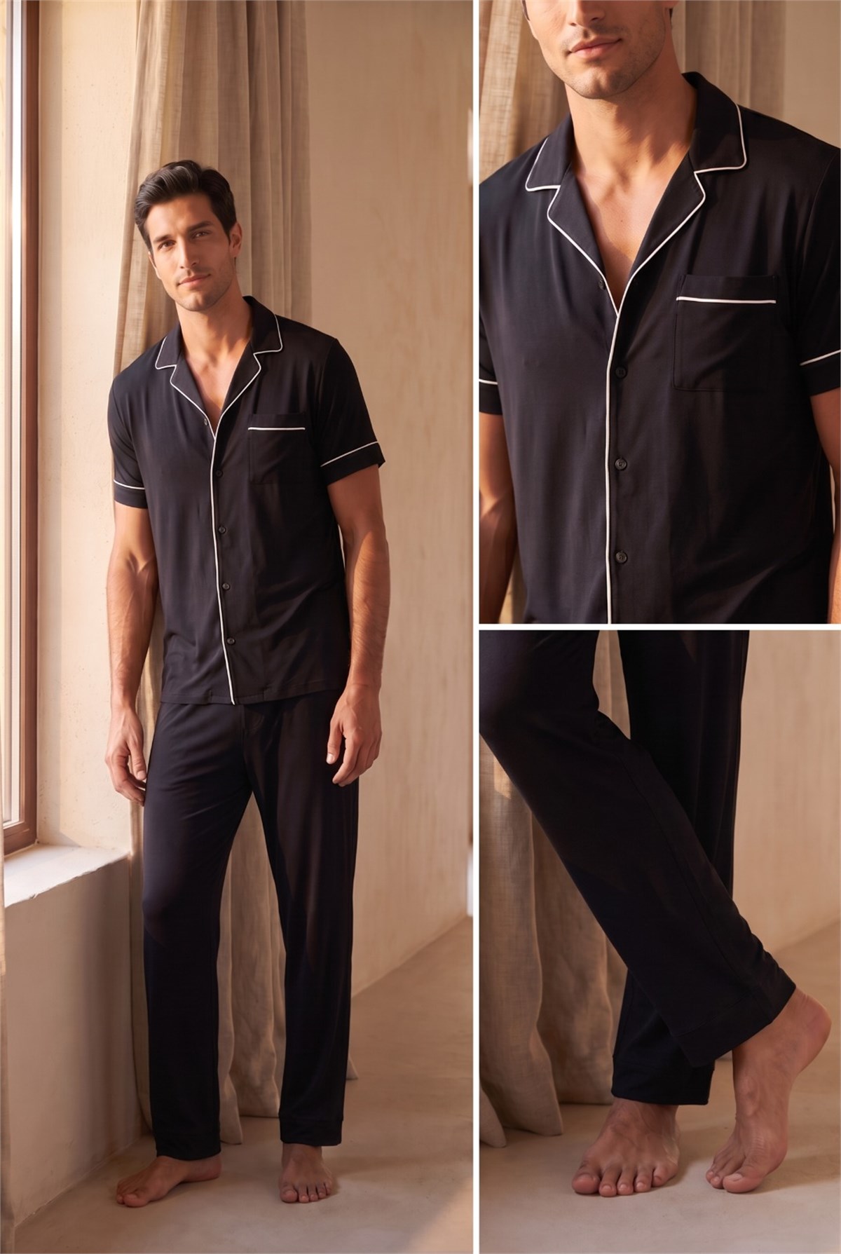 12511M4001 SILVER ERKEK DÜĞMELİ PİJAMA TAKIM Black