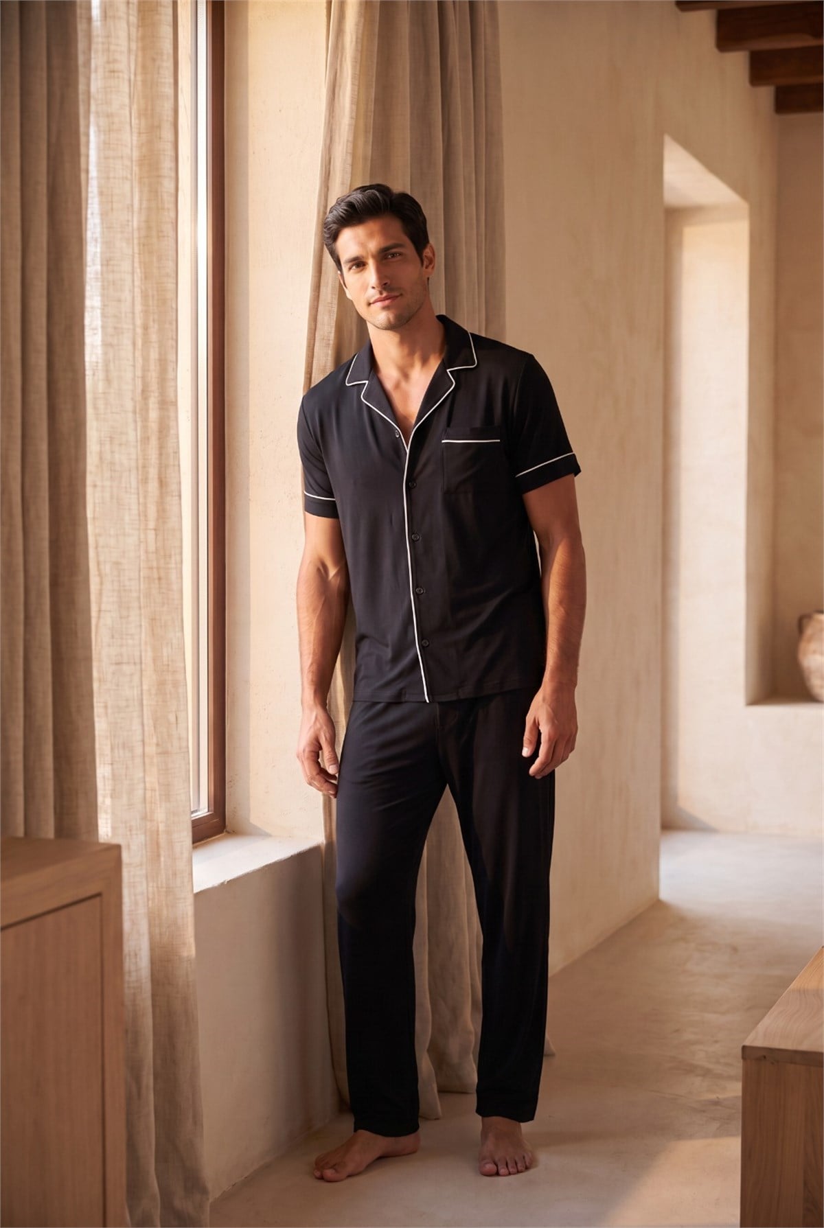 12511M4001 SILVER ERKEK DÜĞMELİ PİJAMA TAKIM Black