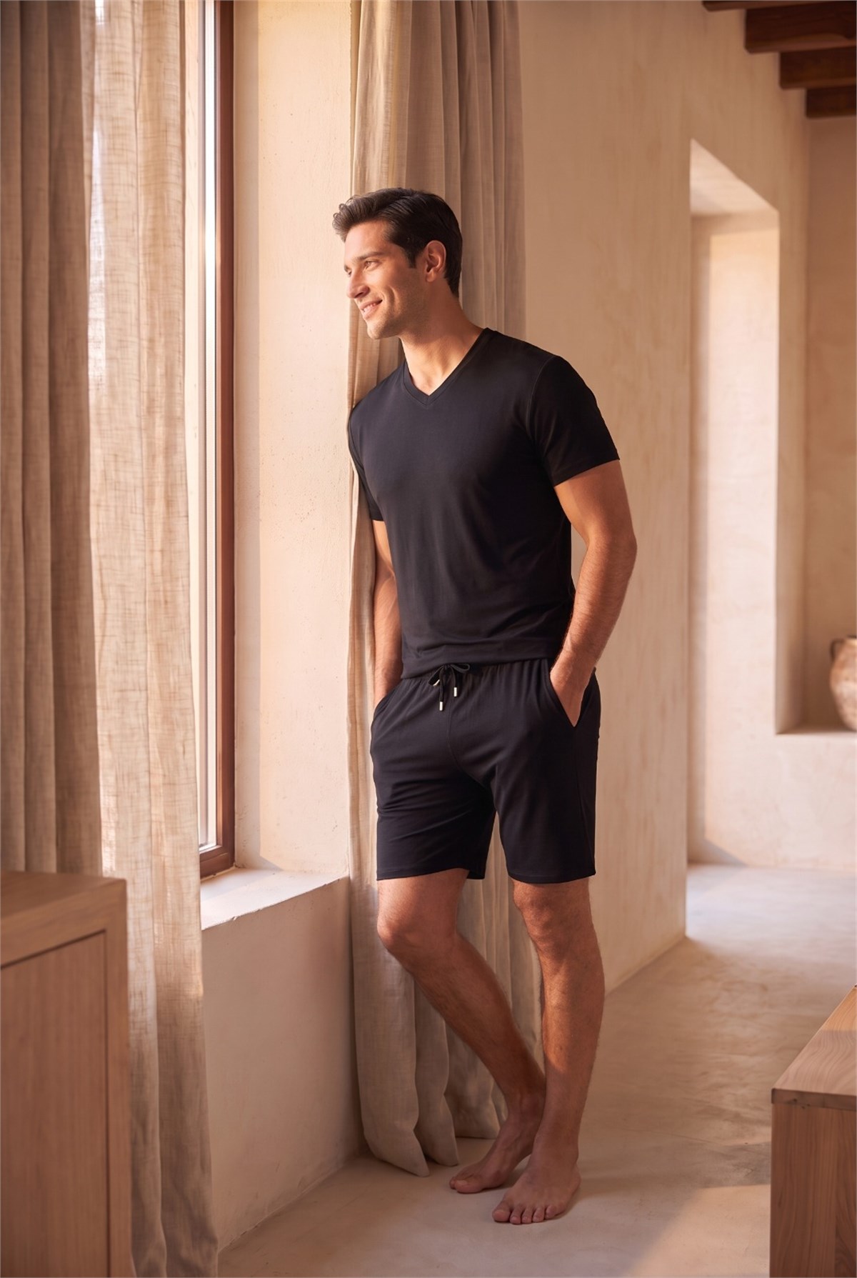 Mens Black Colored Tie Waist Shorts