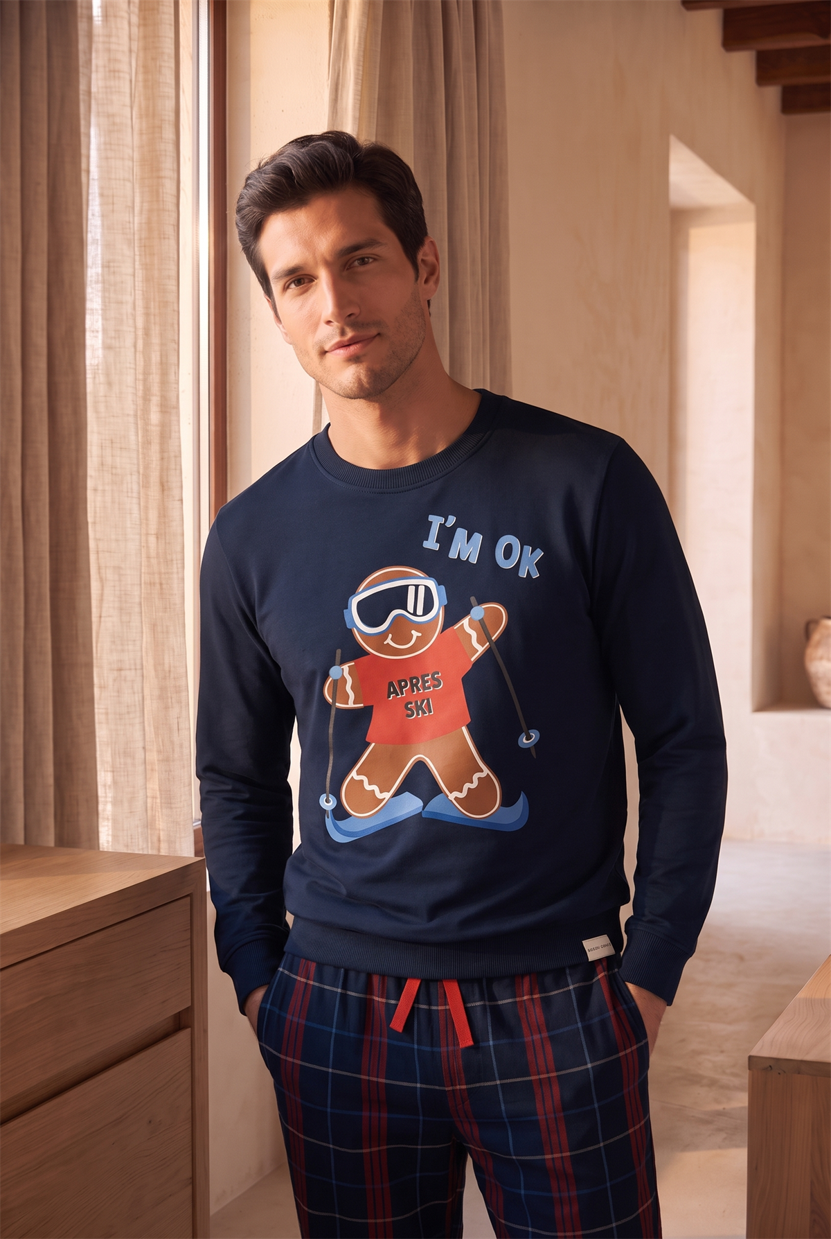Erkek Snowboard Desenli Sweatshirt Pijama Üstü Lacivert