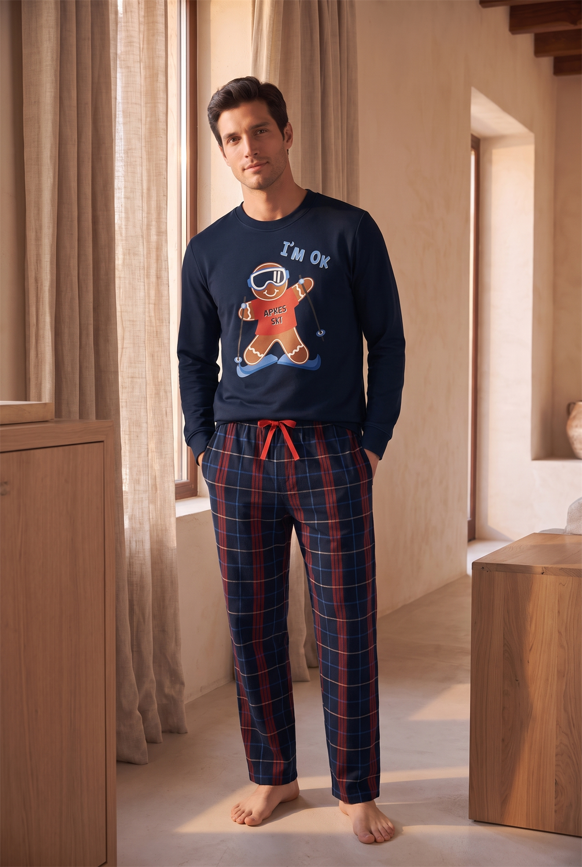 Erkek Snowboard Desenli Sweatshirt Pijama Üstü Lacivert