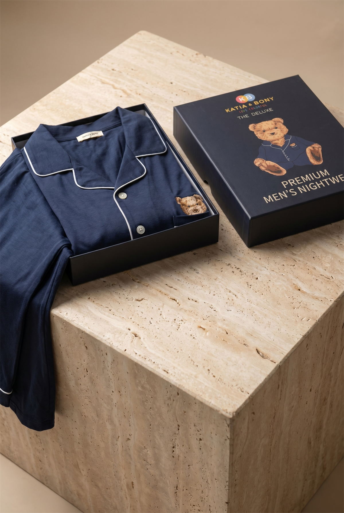 Erkek Teddy Desenli Kutulu Pijama Takımı Lacivert