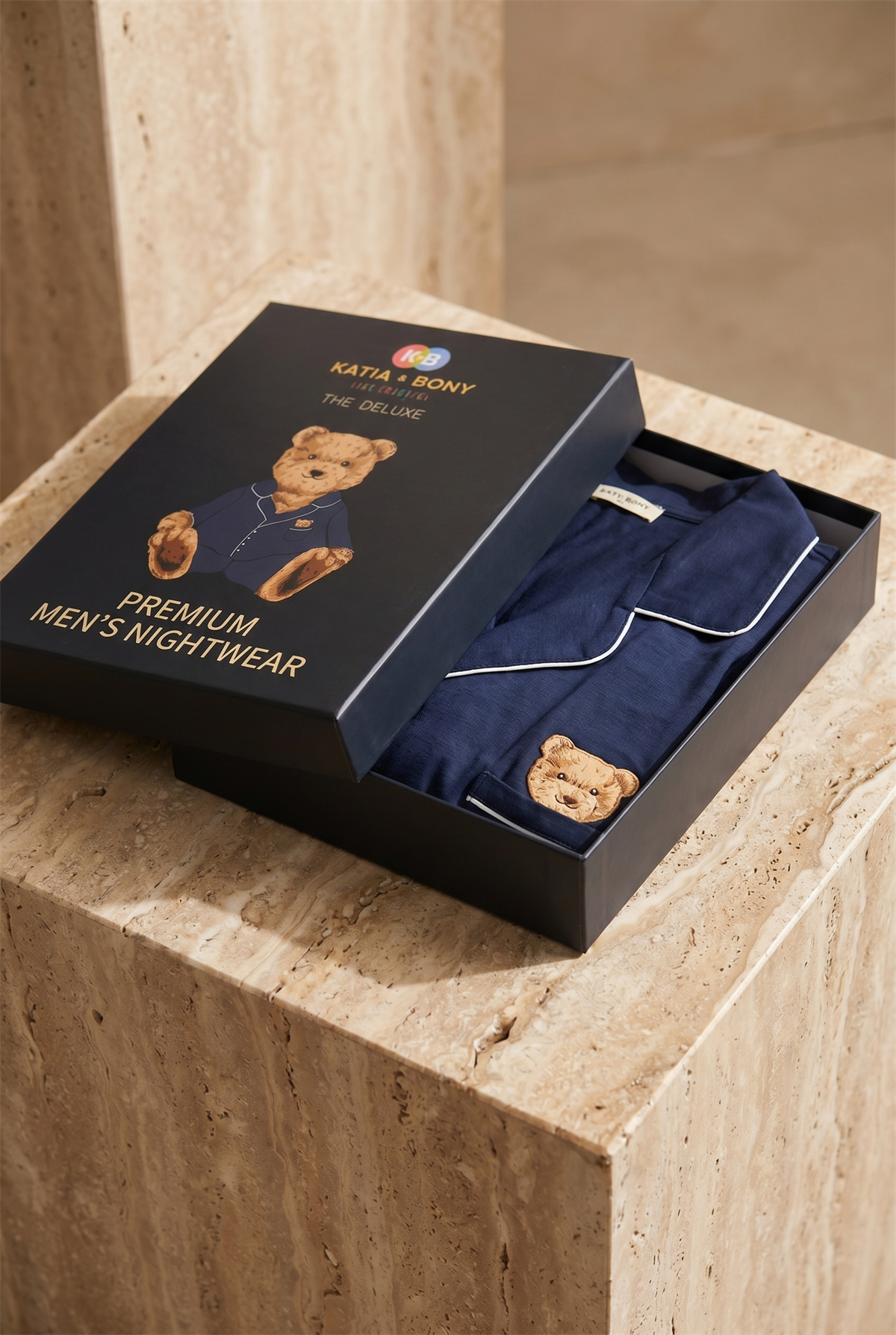 Erkek Teddy Desenli Kutulu Pijama Takımı Lacivert