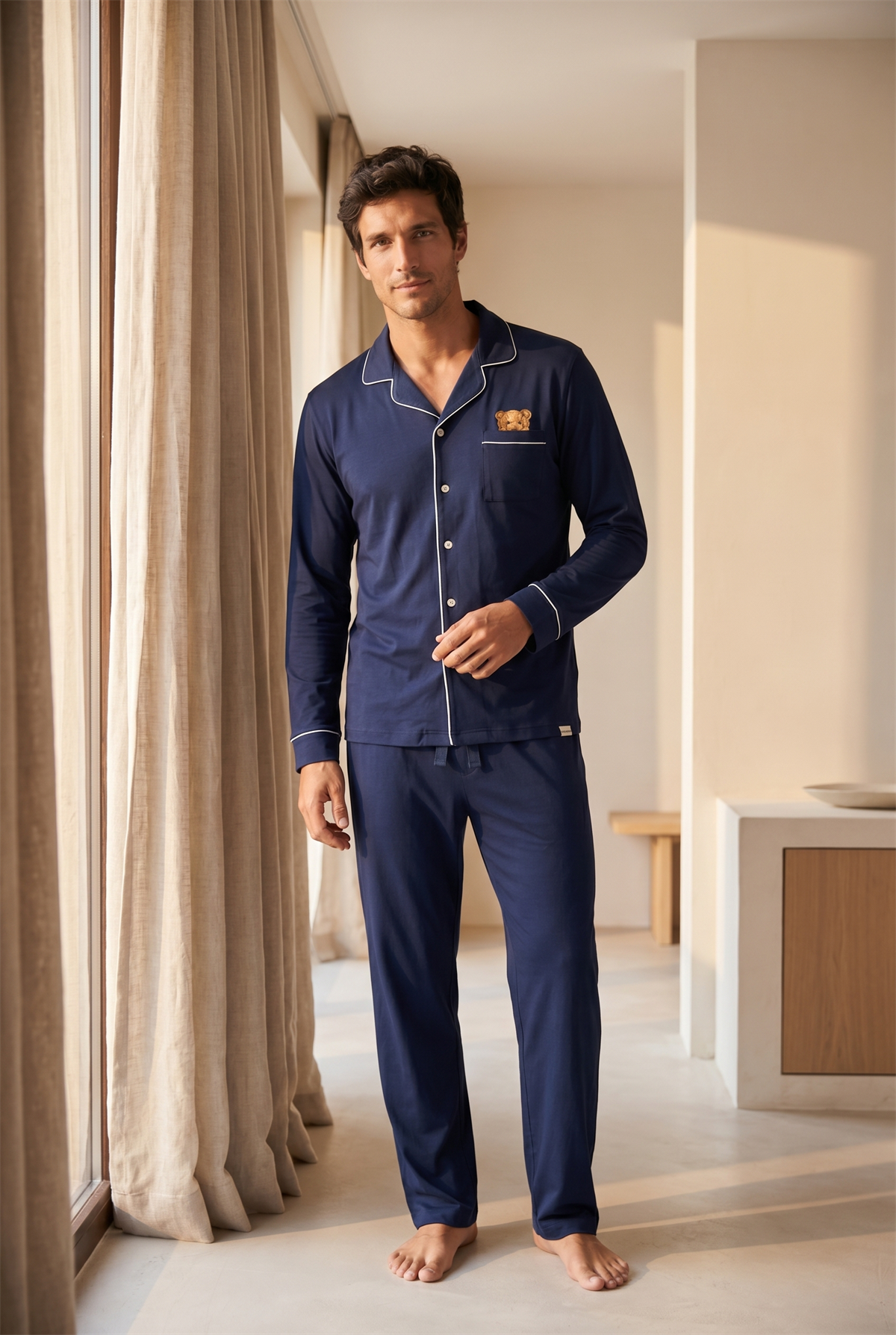 Erkek Teddy Desenli Kutulu Pijama Takımı Lacivert