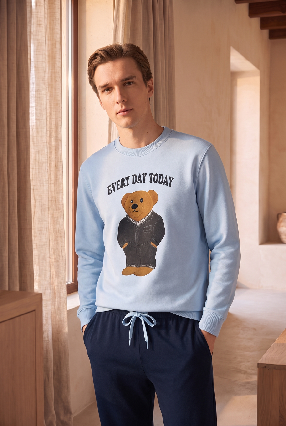 Erkek Teddy Desenli Pijama Üstü Mavi