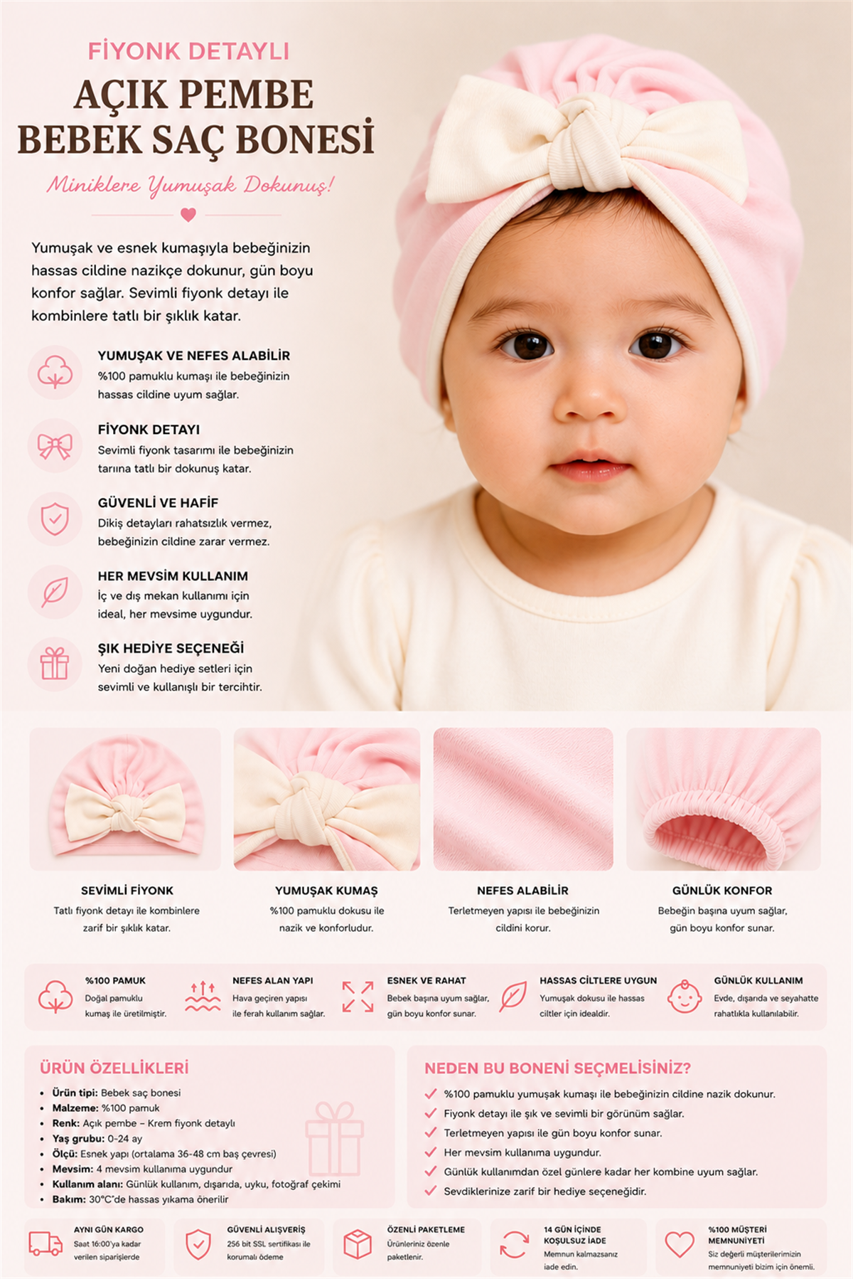 Fiyonk Detaylı Açık Pembe Bebek Saç Bonesi