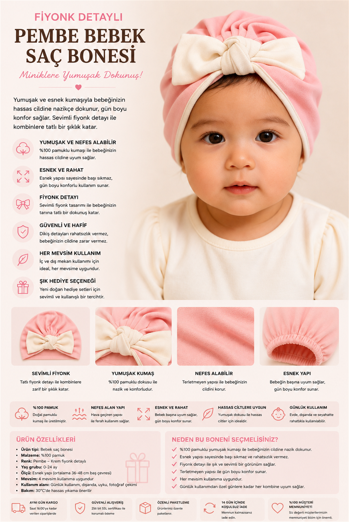 Fiyonk Detaylı Pembe Bebek Saç Bonesi