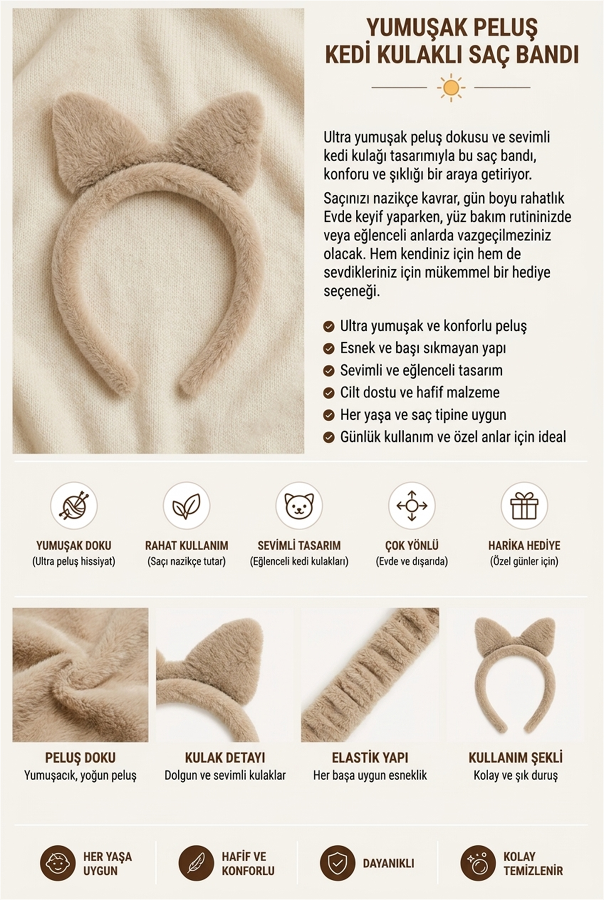 Fiyonklu Peluş Taç Açık Kahve