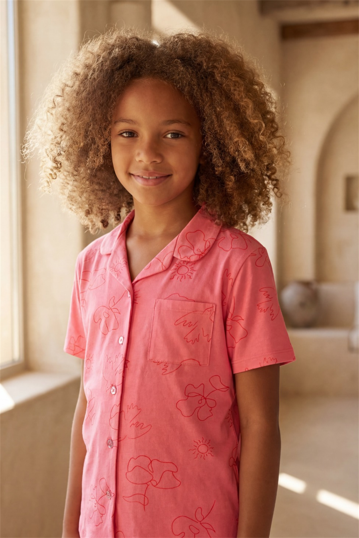 Floral Outburst Desenli Düğmeli Pembe Kız Çocuk Şort Takım