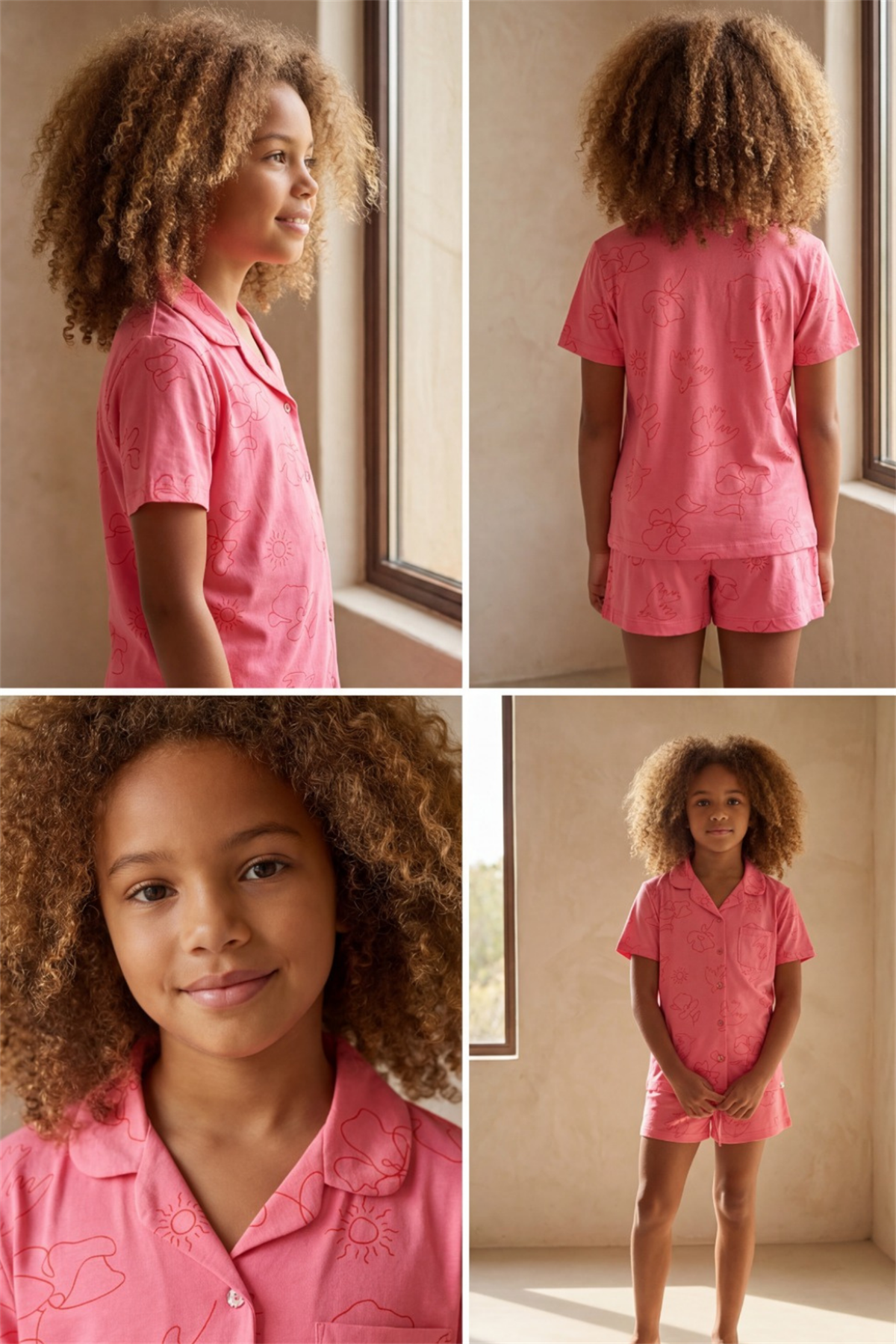 Floral Outburst Desenli Düğmeli Pembe Kız Çocuk Şort Takım