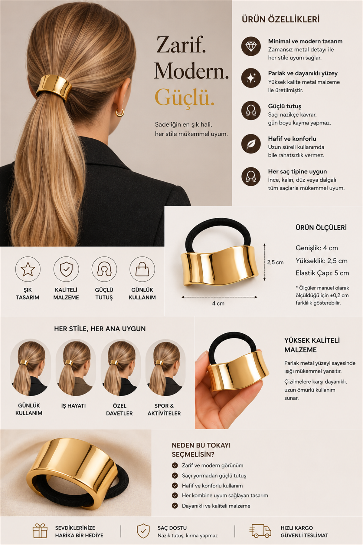 Gold Metal Detaylı Lastik Bağlamalı Toka