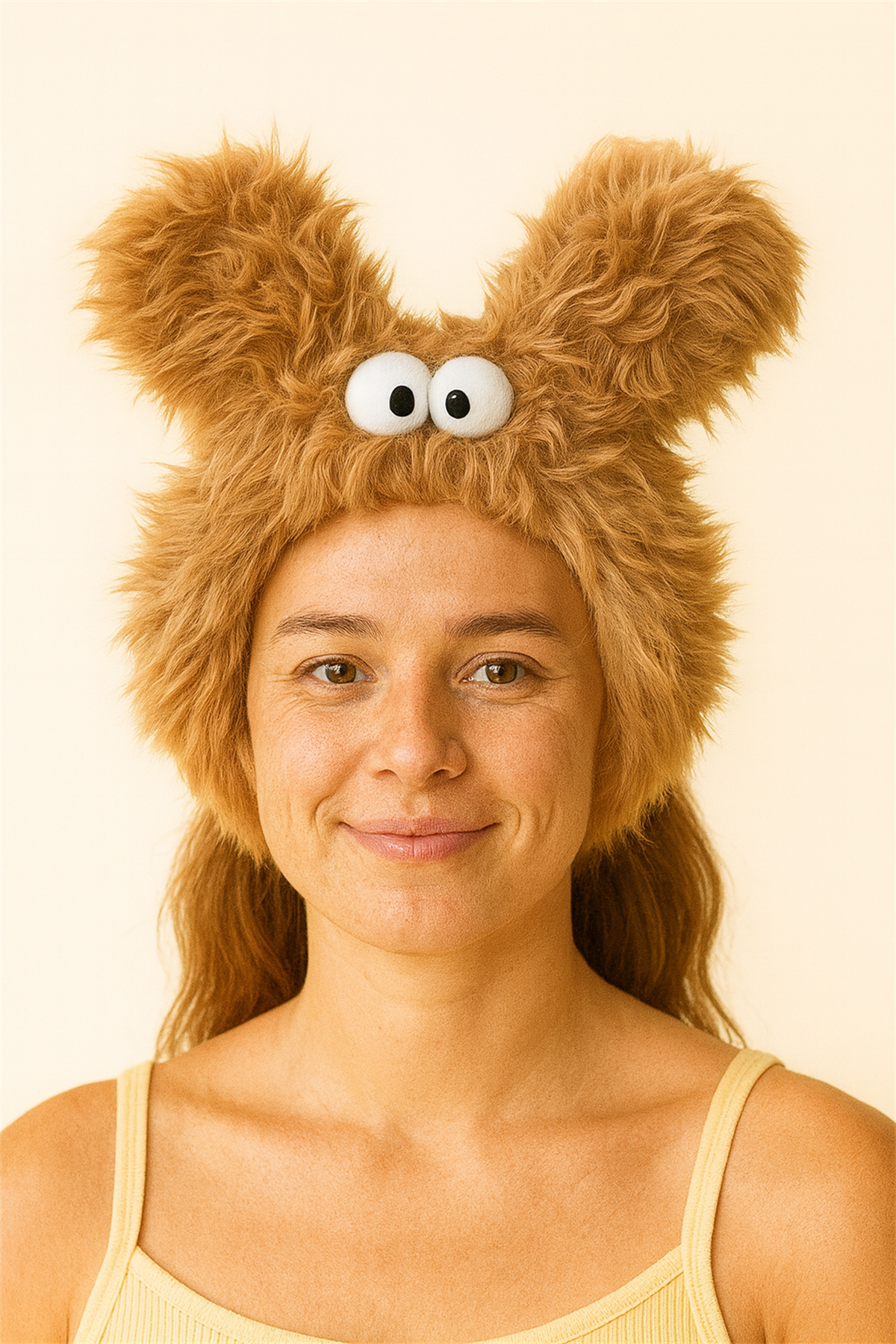 Göz Aksesuarlı Kulaklı Tüylü Saç Bandı Kahverengi