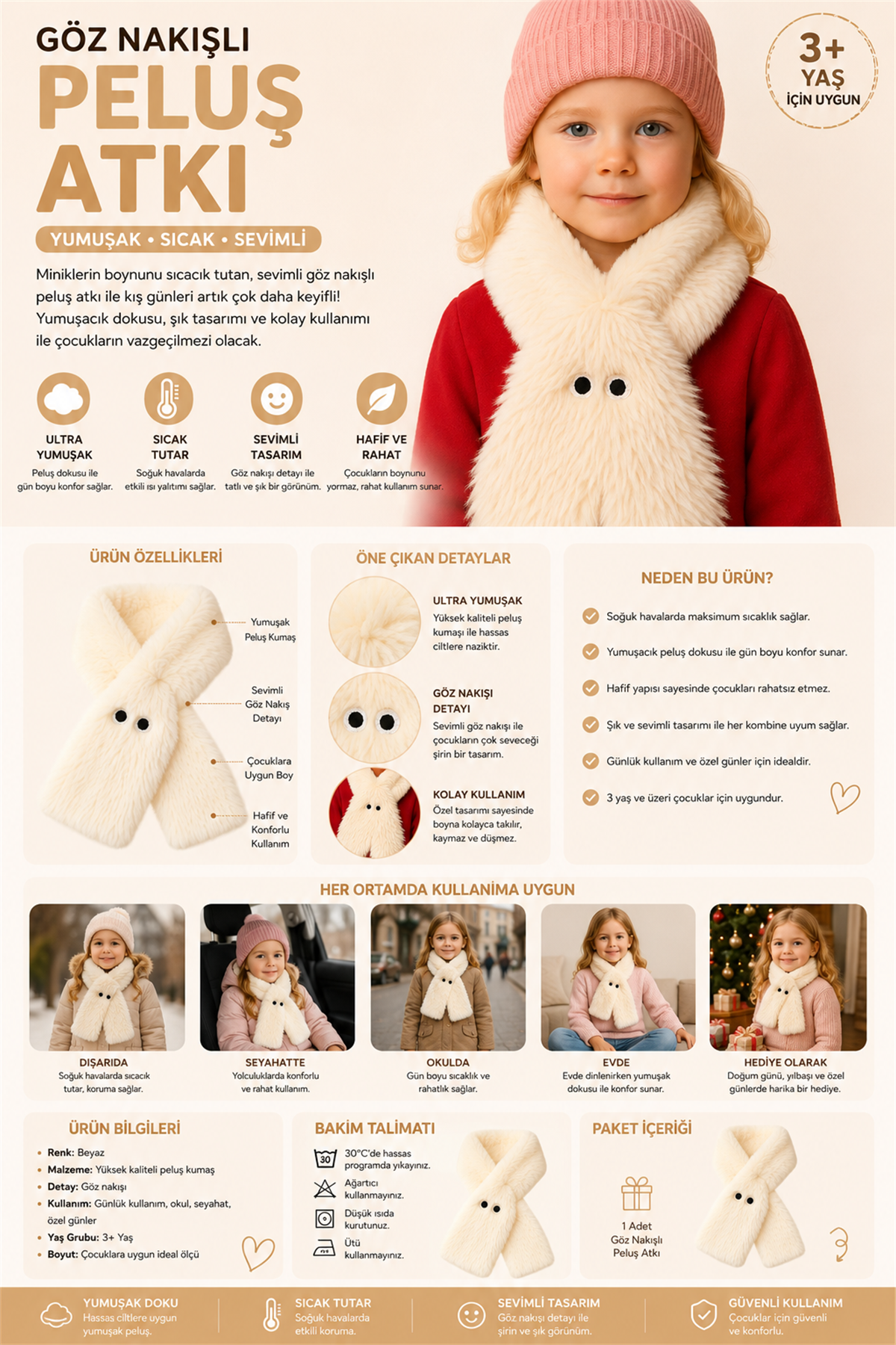 Göz Nakışlı Peluş Atkı Beyaz