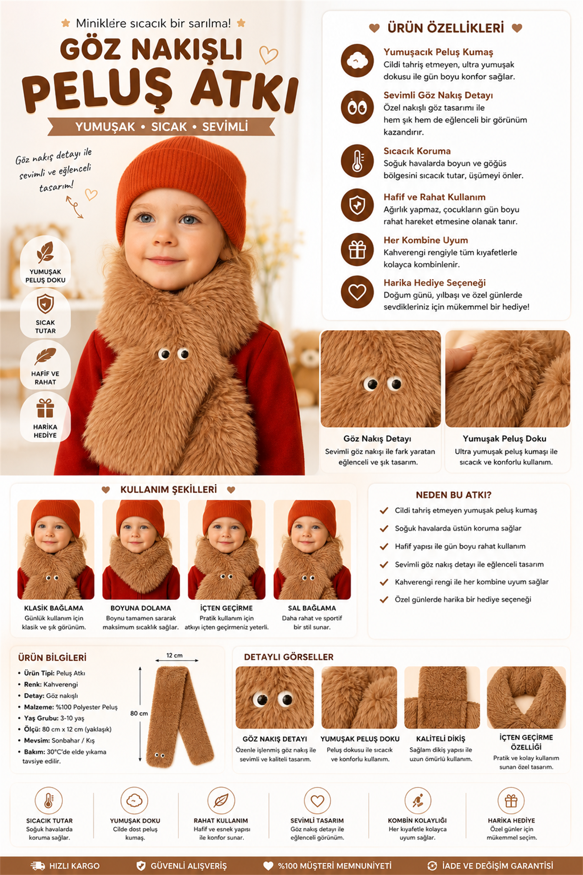 Göz Nakışlı Peluş Atkı Kahverengi