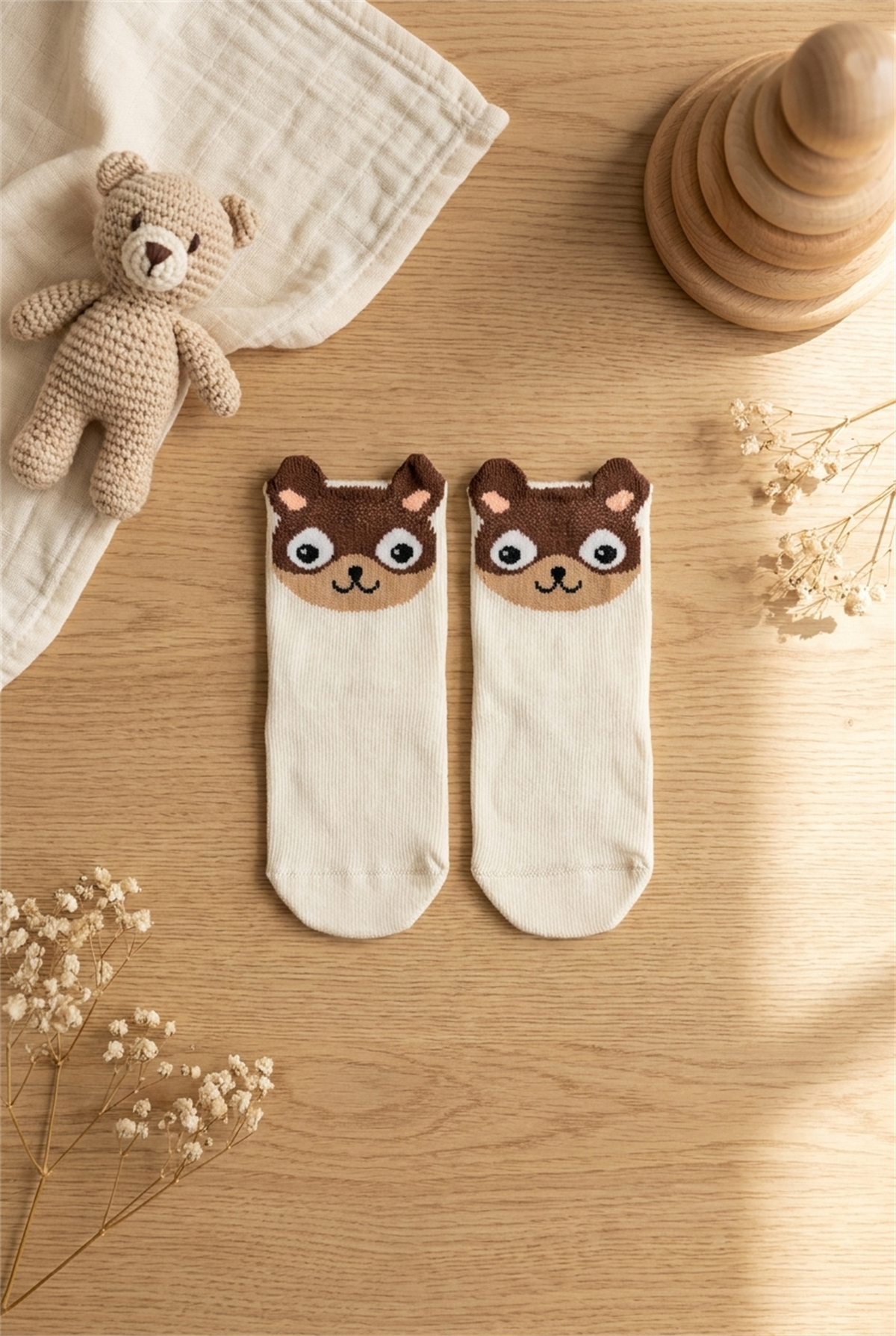 Animal Patterned Ecru Baby Socks