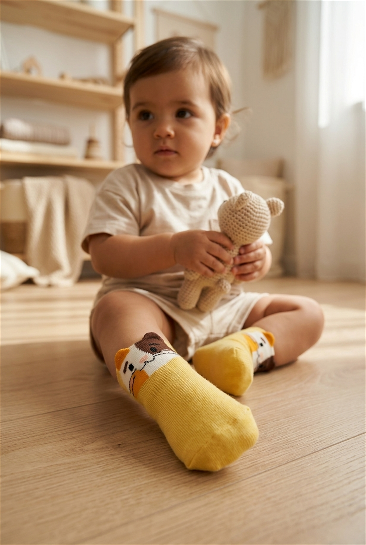 Yellow Baby Socket Socks With Animal Pattern