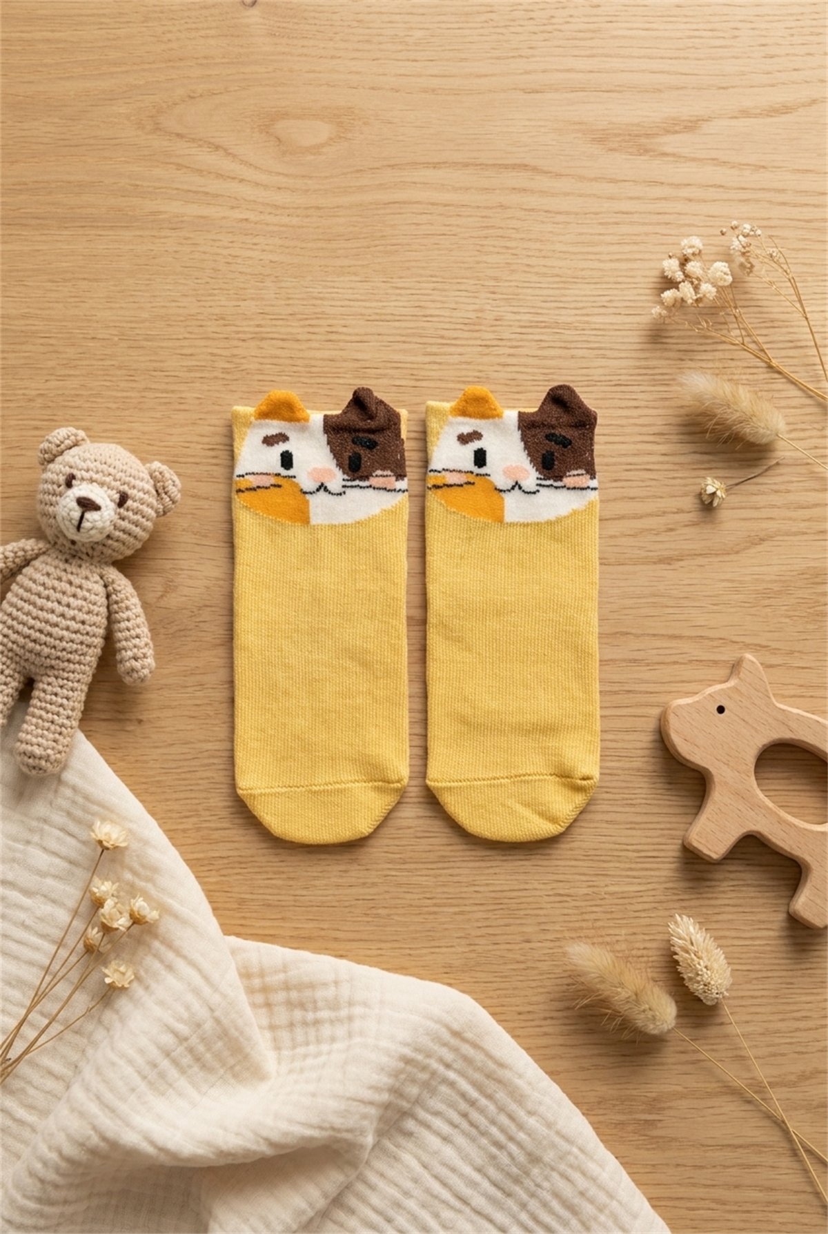 Yellow Baby Socket Socks With Animal Pattern