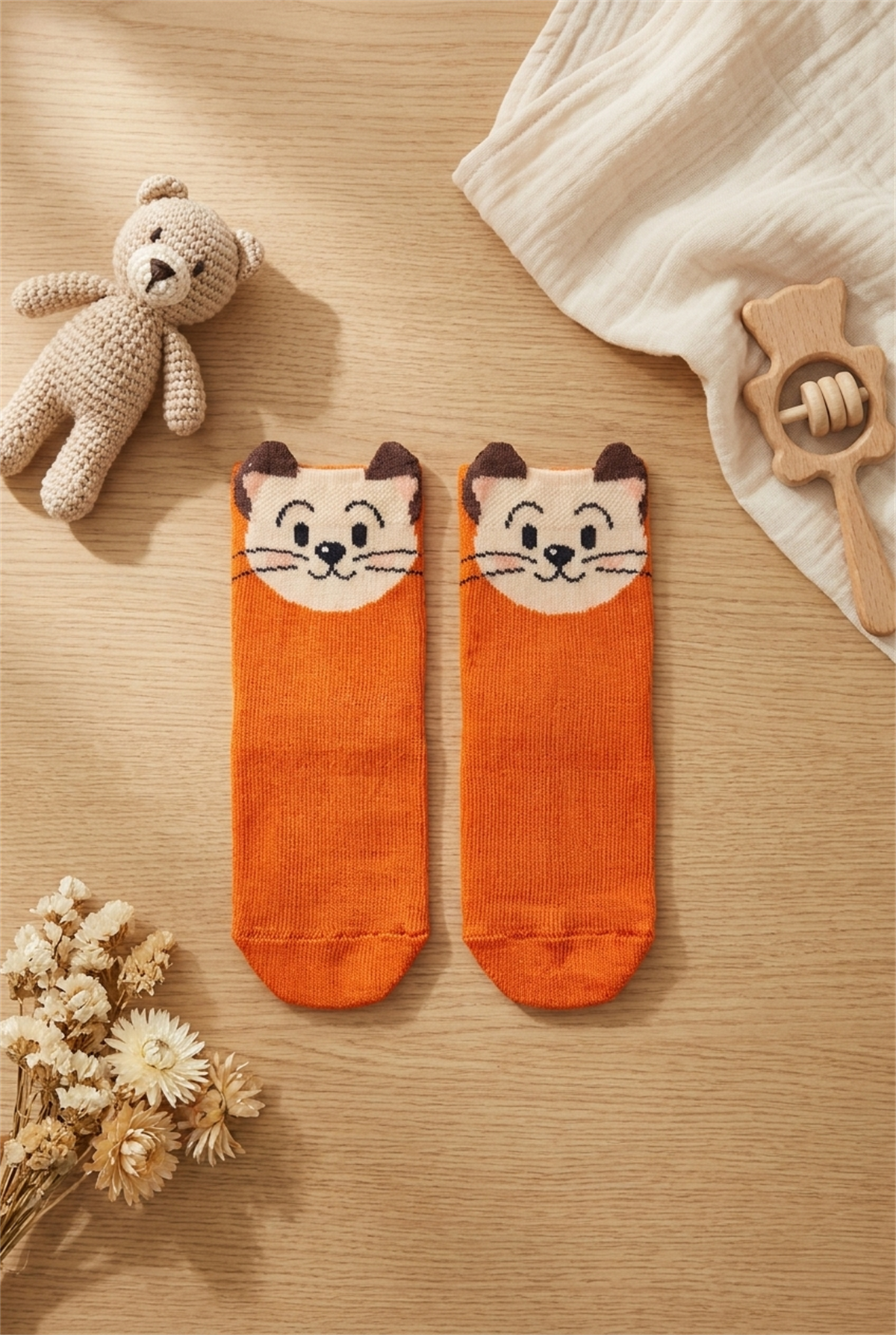 Animal Patterned Orange Baby Socket Socks