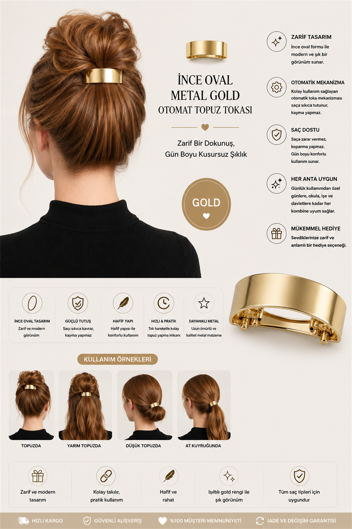 İnce Oval Metal Gold Otomat Topuz Tokası