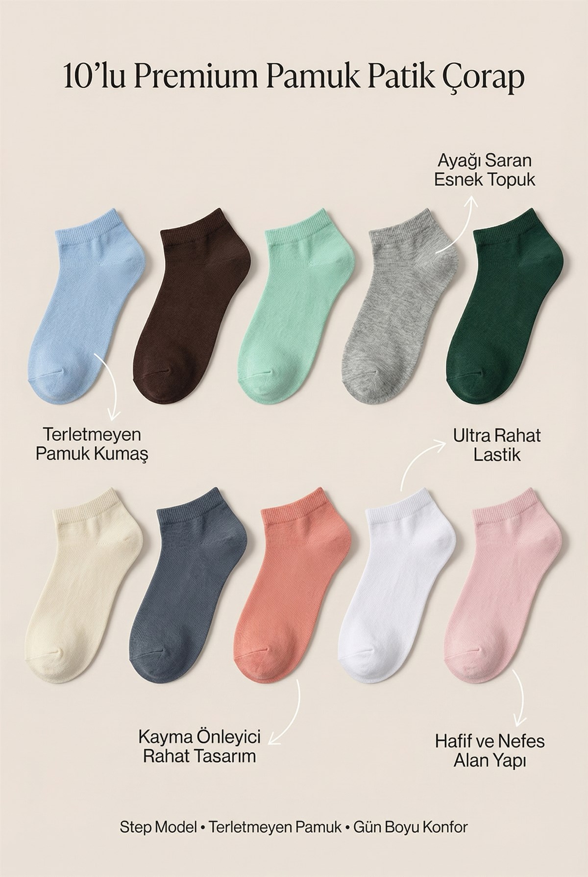 Kadın 10lu Renkli Step Çorap