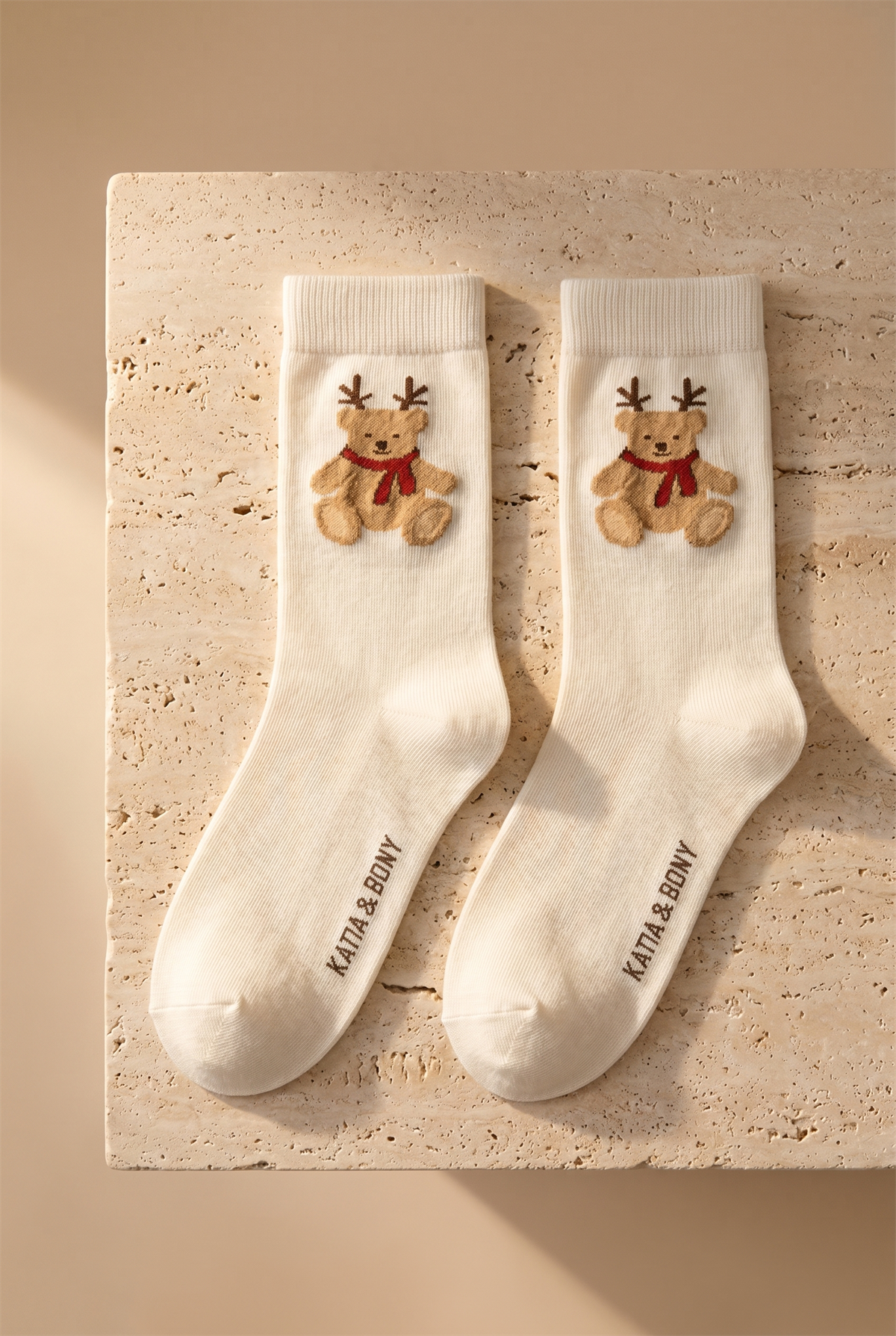 Kadın 2li Teddy Desenli Yılbaşı Temalı Soket Çorap Ekru Mix