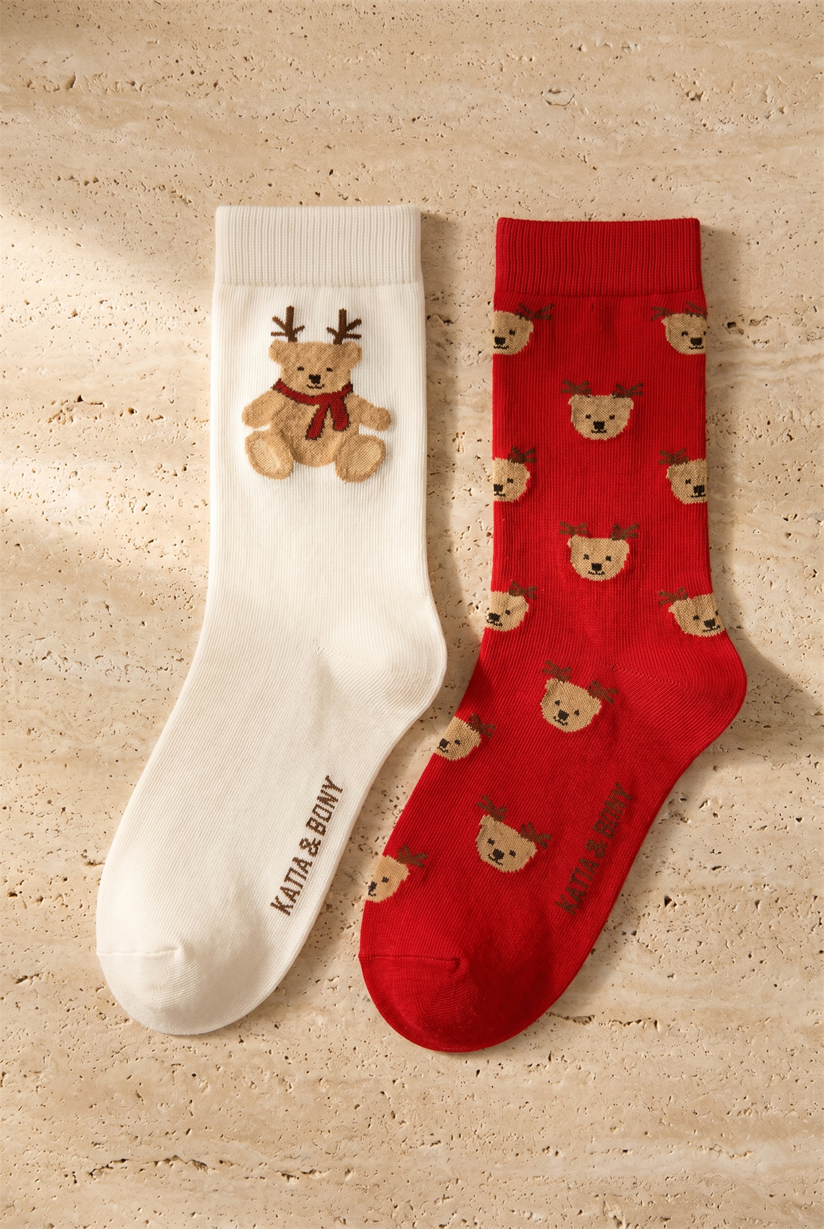 Kadın 2li Teddy Desenli Yılbaşı Temalı Soket Çorap Ekru Mix