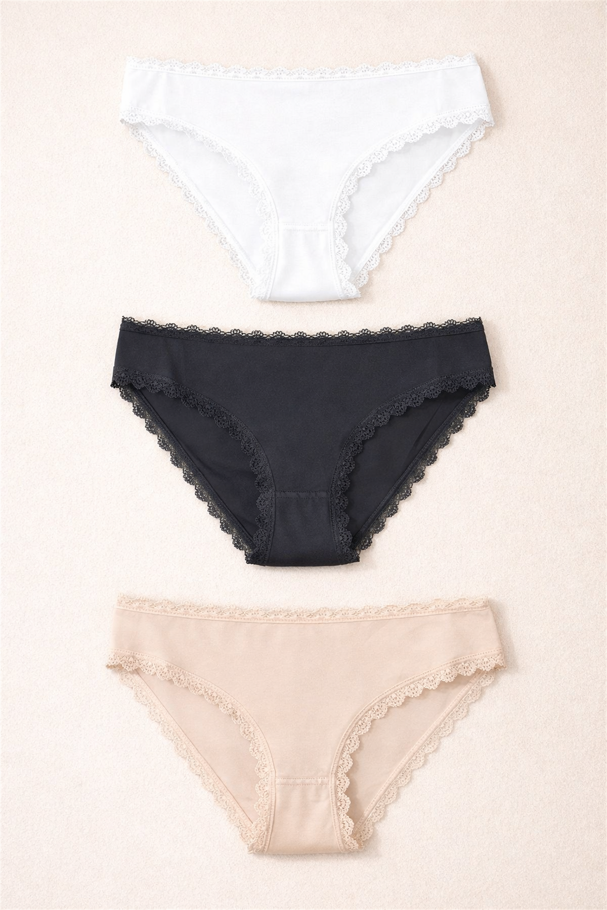 Kadın 3lü Dantelli Basic Slip Külot Siyah/Beyaz/Nude