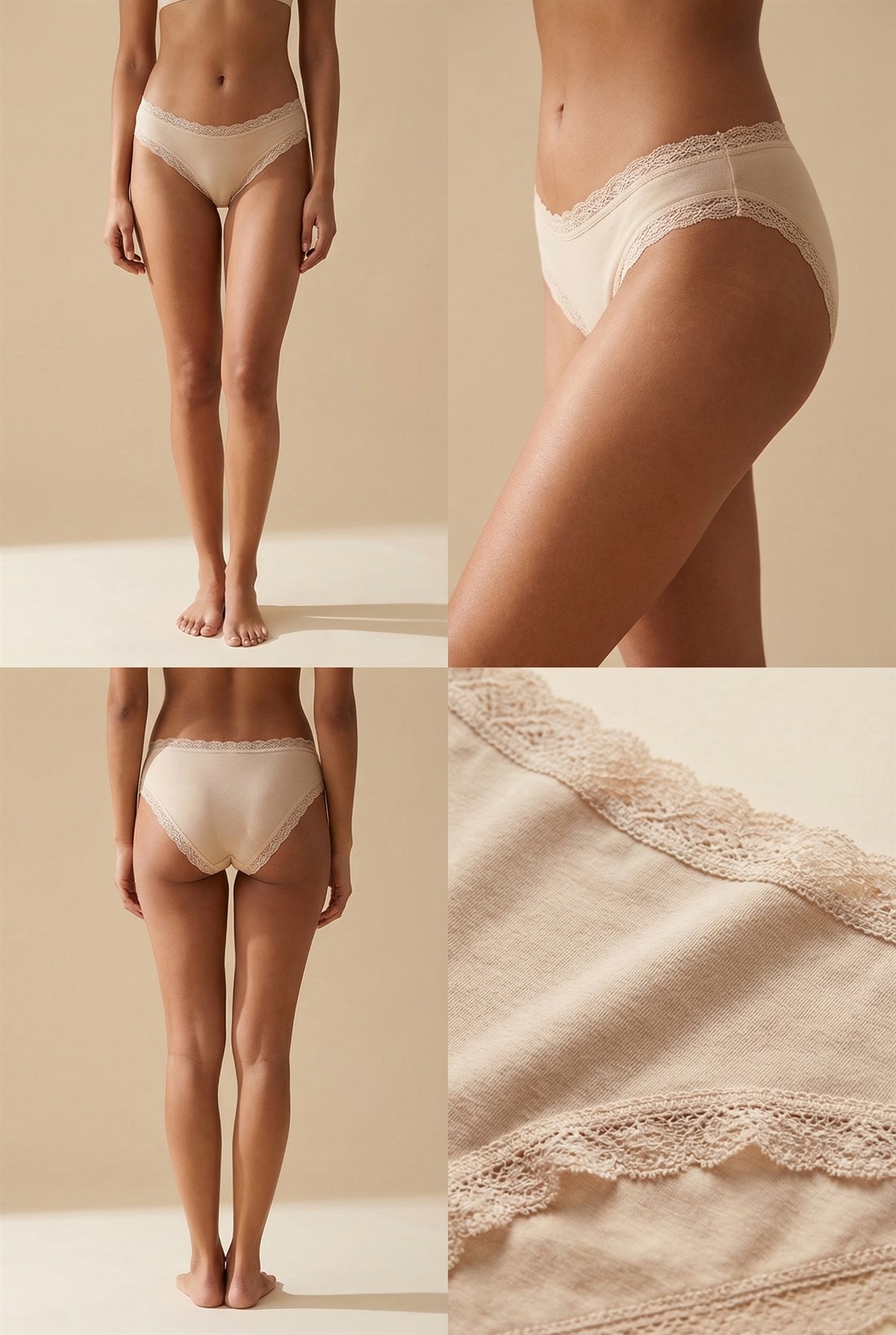Kadın 3lü Dantelli Basic Slip Külot Ten