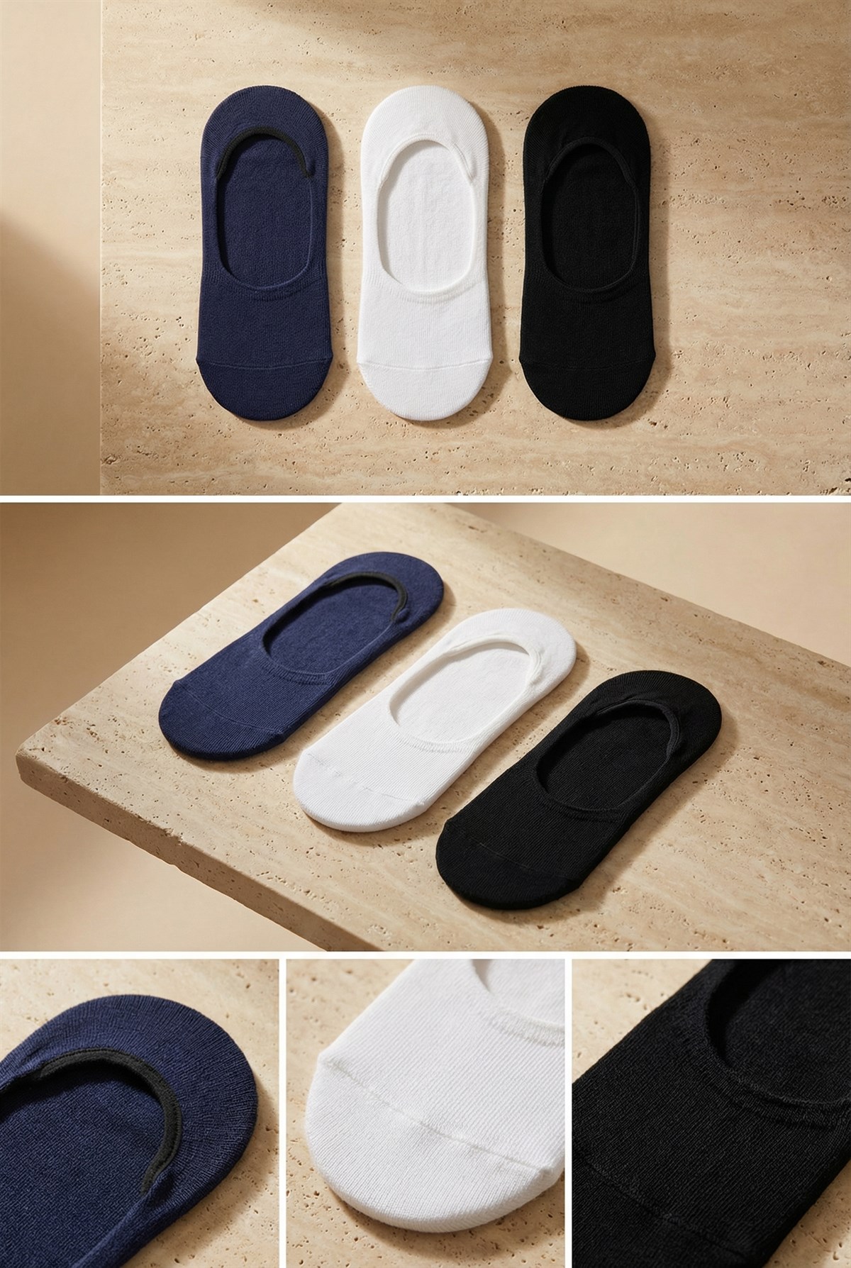 Kadın 3lü Paket Basic Görünmez Babet Çorap Siyah/Beyaz/Lacivert