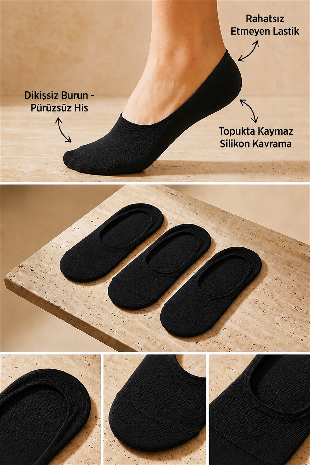 Kadın 3lü Paket Basic Görünmez Babet Çorap Siyah/Siyah/Siyah
